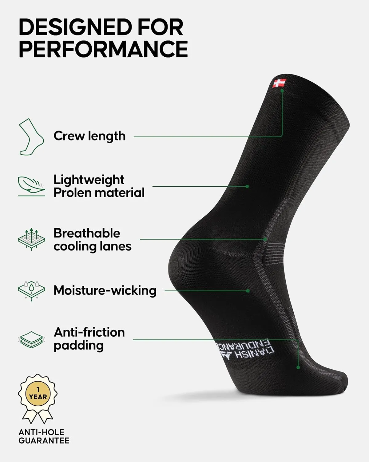 DANISH ENDURANCE Cycling Socks, Crew Length, Breathable, and Cushioned Bike Socks, for Men & Women, Unisex, 3-Pack