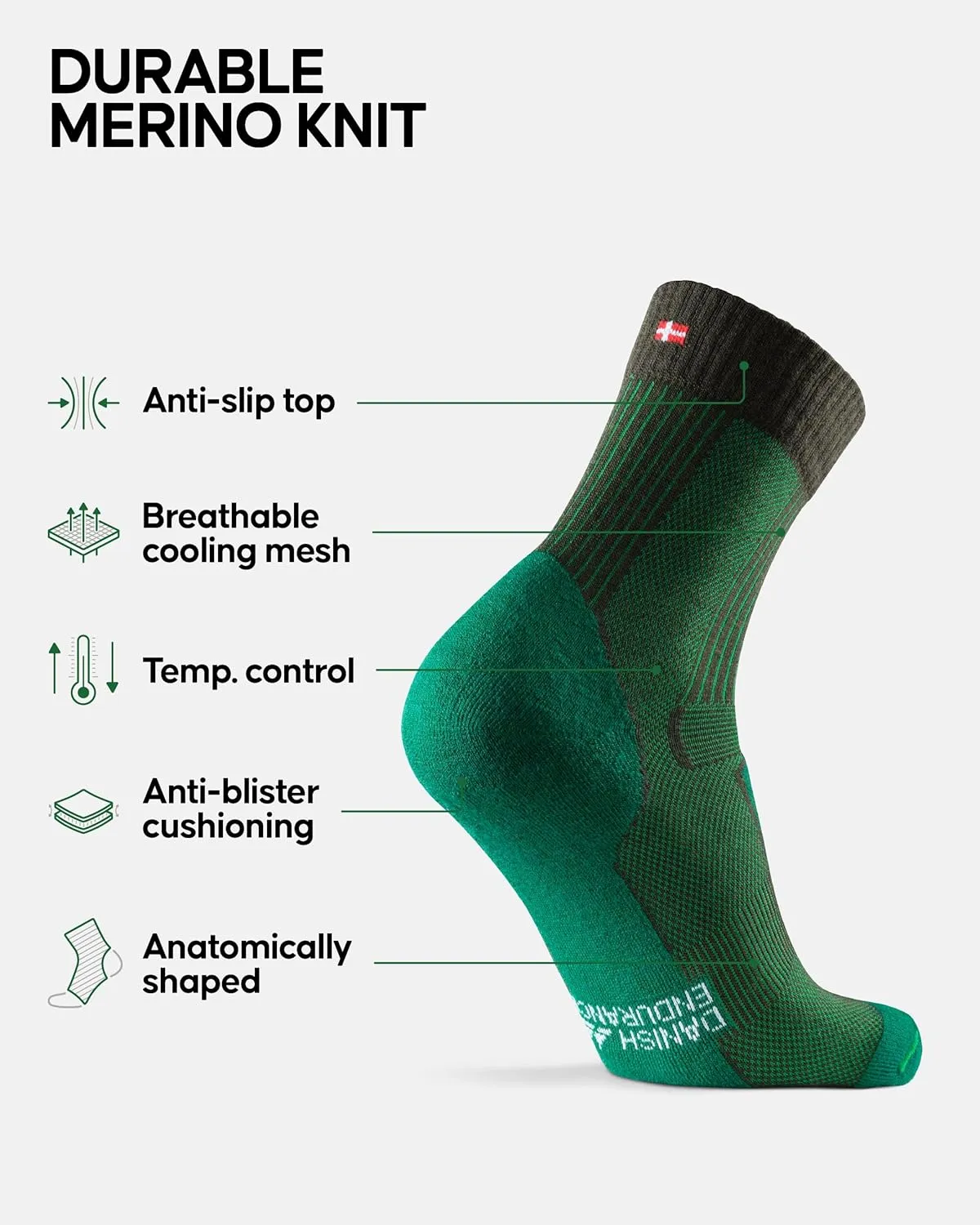 DANISH ENDURANCE Hiking Socks, Lightweight, Merino Wool Socks for Men & Women, Moisture Wicking Crew Socks, 1 Pack
