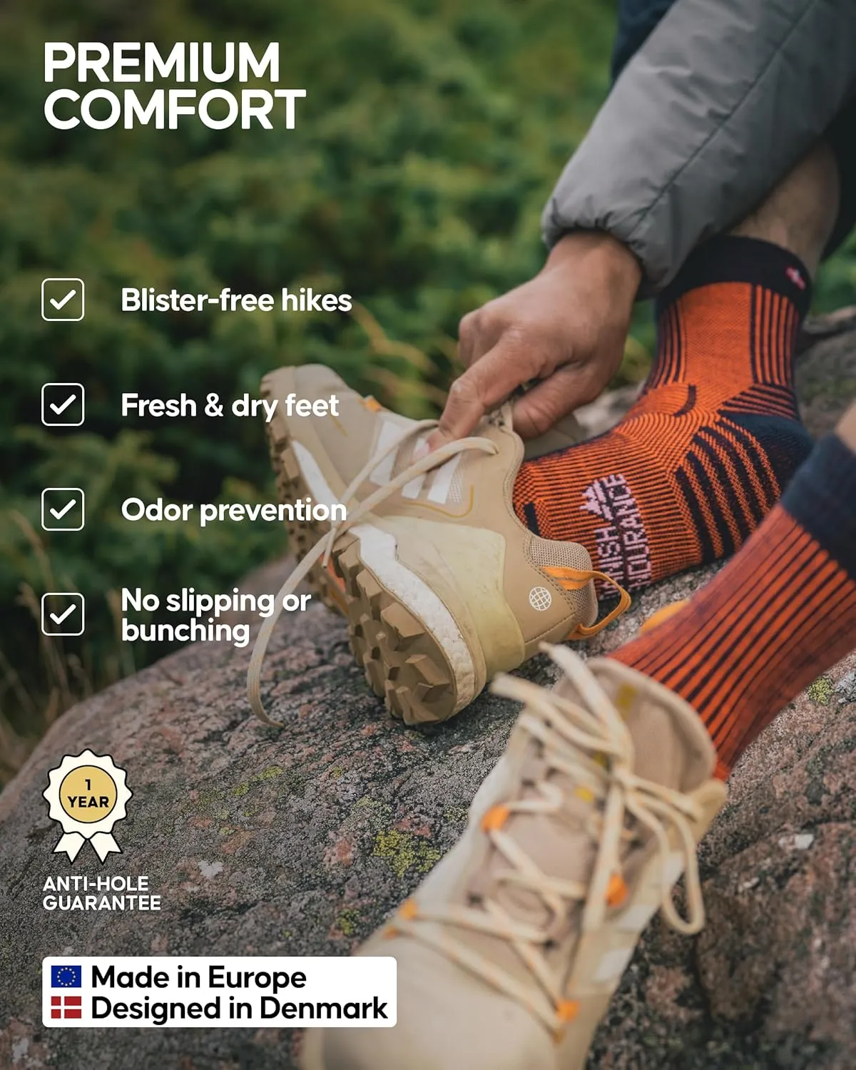 DANISH ENDURANCE Hiking Socks, Lightweight, Merino Wool Socks for Men & Women, Moisture Wicking Crew Socks, 1 Pack