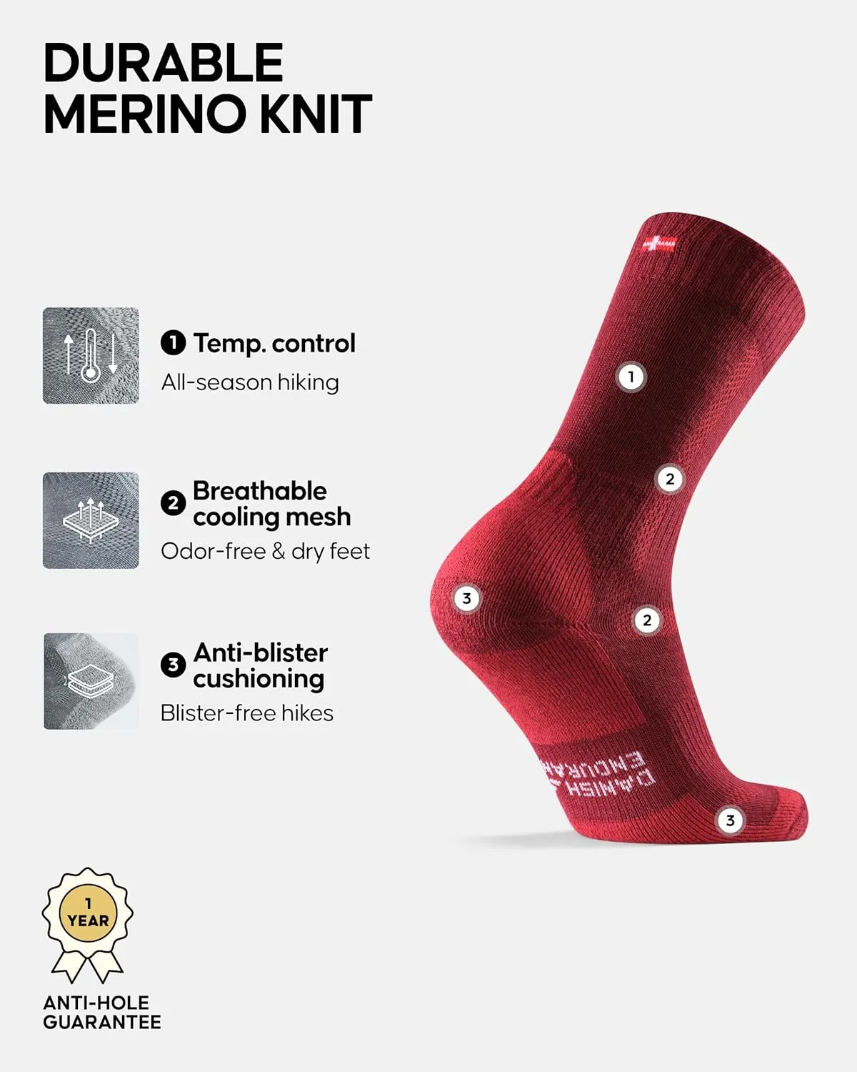DANISH ENDURANCE Hiking Socks, Merino Wool Socks, Anti Blister, Cushioned, Breathable, Men & Women, 3-Pack