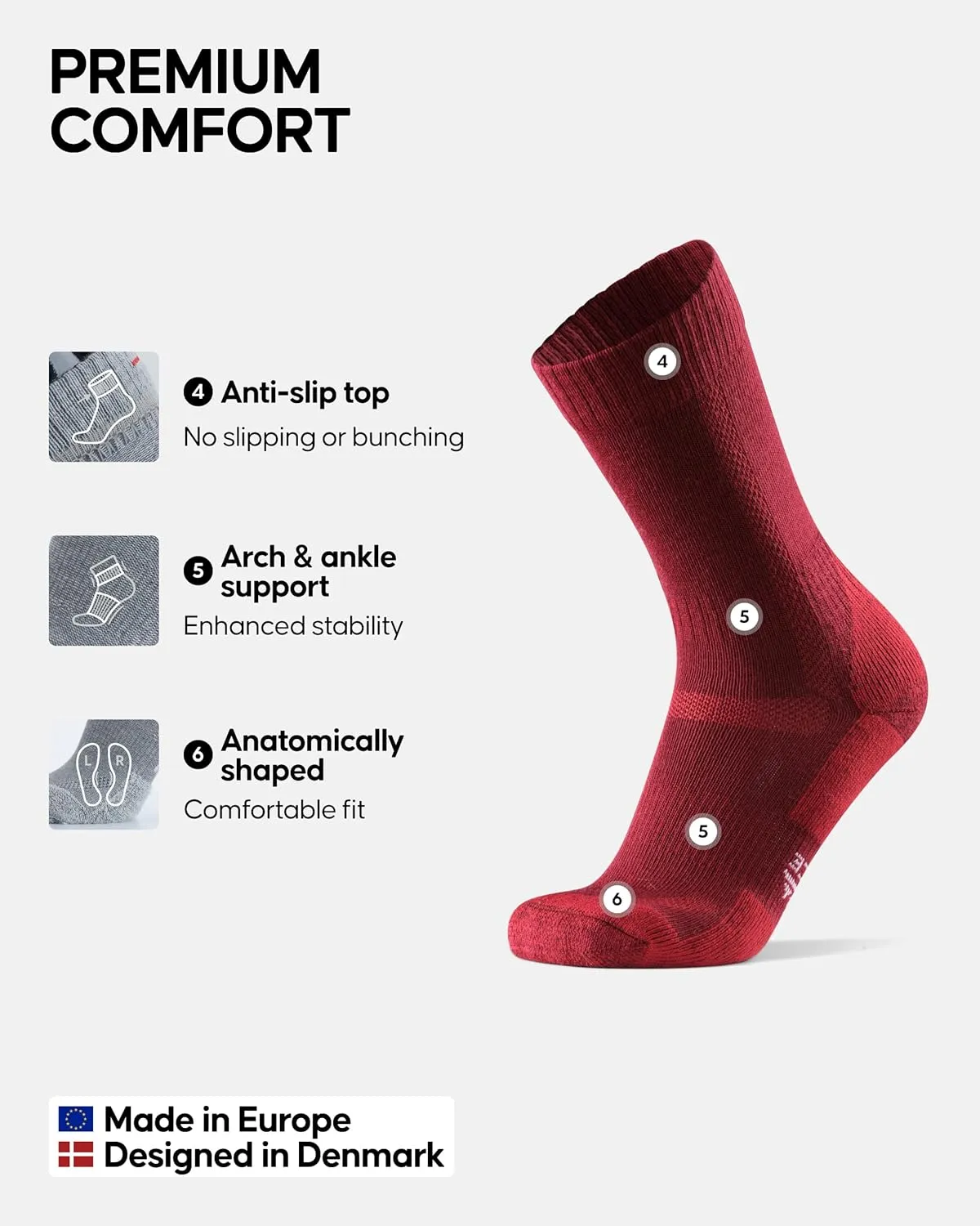 DANISH ENDURANCE Hiking Socks, Merino Wool Socks, Anti Blister, Cushioned, Breathable, Men & Women, 3-Pack