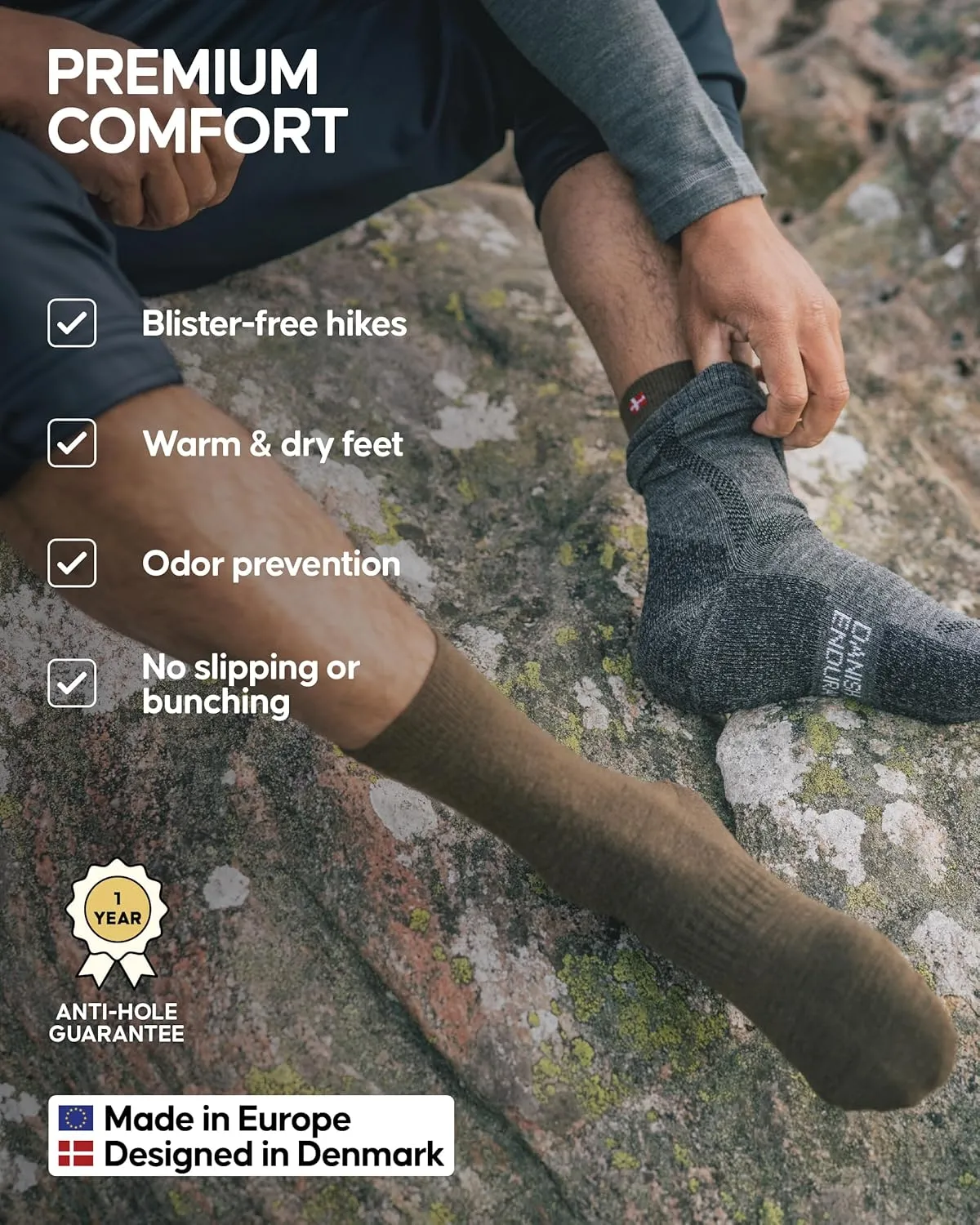 DANISH ENDURANCE Merino Wool Hiking Liner Socks, Thermal, Anti-Blister for Men and Women 2-Pack