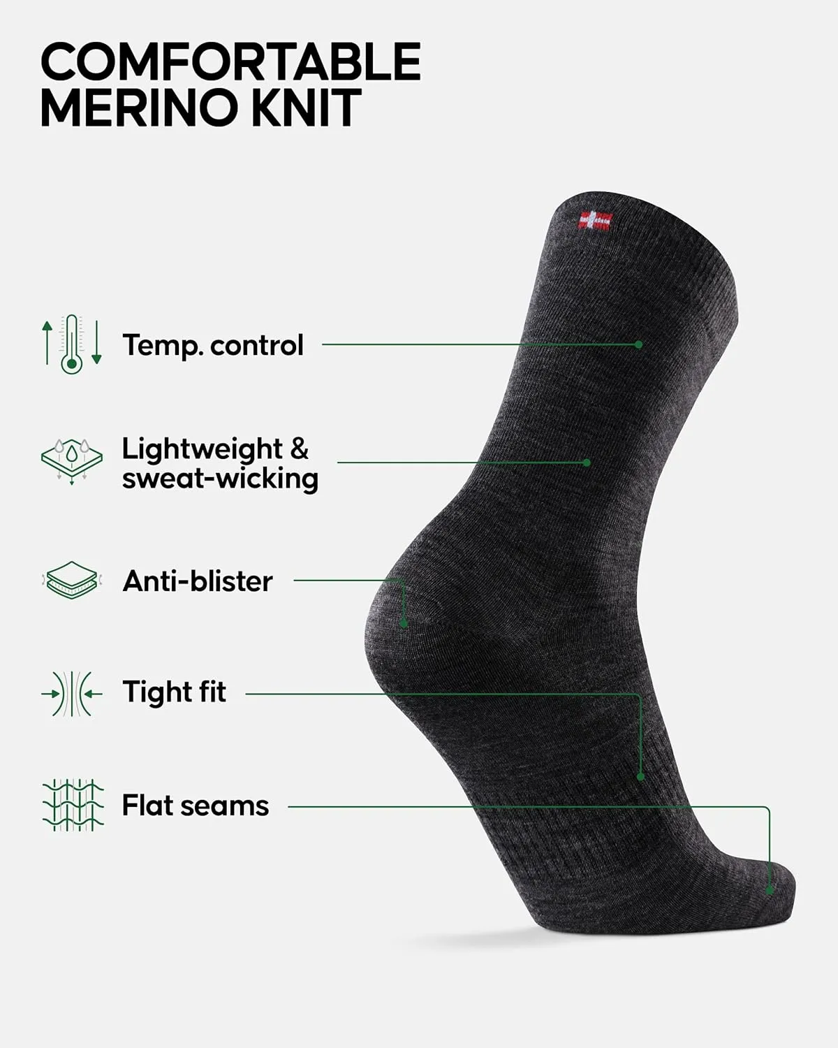 DANISH ENDURANCE Merino Wool Hiking Liner Socks, Thermal, Anti-Blister for Men and Women 2-Pack