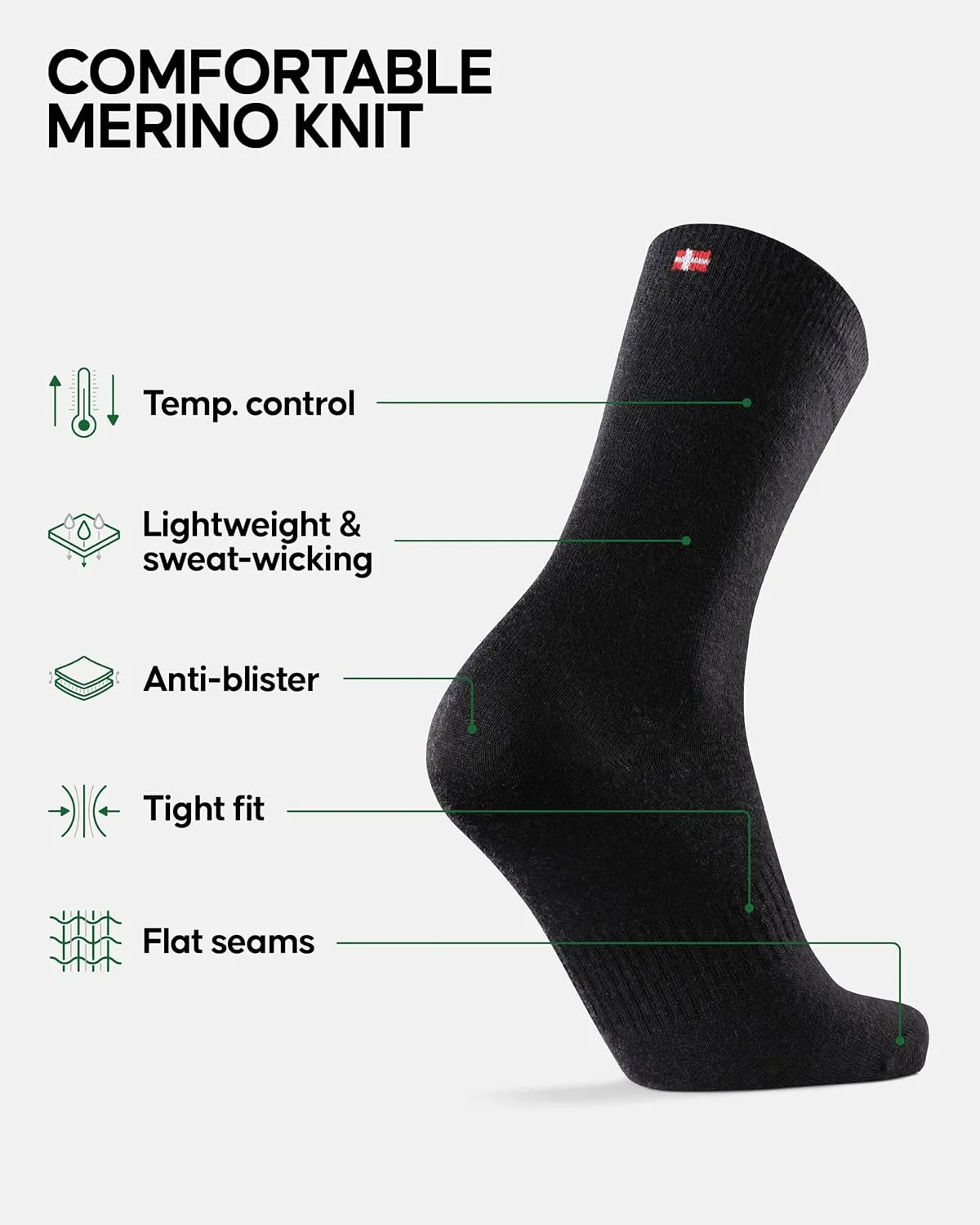 DANISH ENDURANCE Merino Wool Hiking Liner Socks, Thermal, Anti-Blister for Men and Women 2-Pack