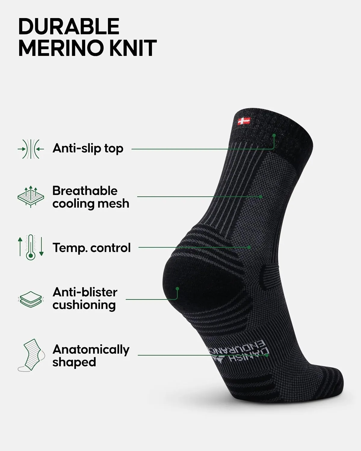 DANISH ENDURANCE Merino Wool Light Hiking Socks, Cushioned & Moisture Wicking Hiking Socks, Men, Women & Kids, 3 or 5 Pack