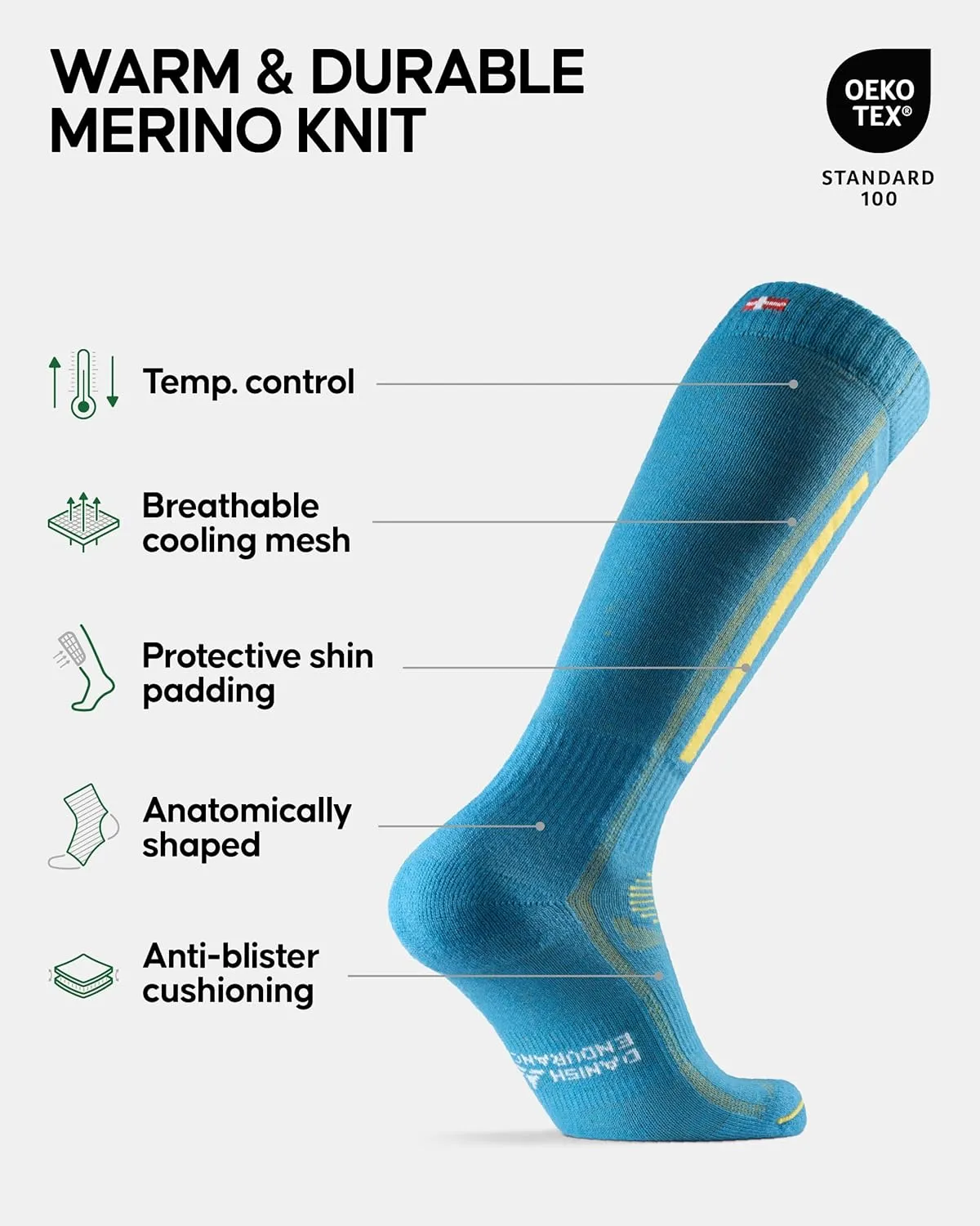 DANISH ENDURANCE Merino Wool Thermal Ski Socks, Shin Padding, Warm, for Men & Women 1 or 2 Pack
