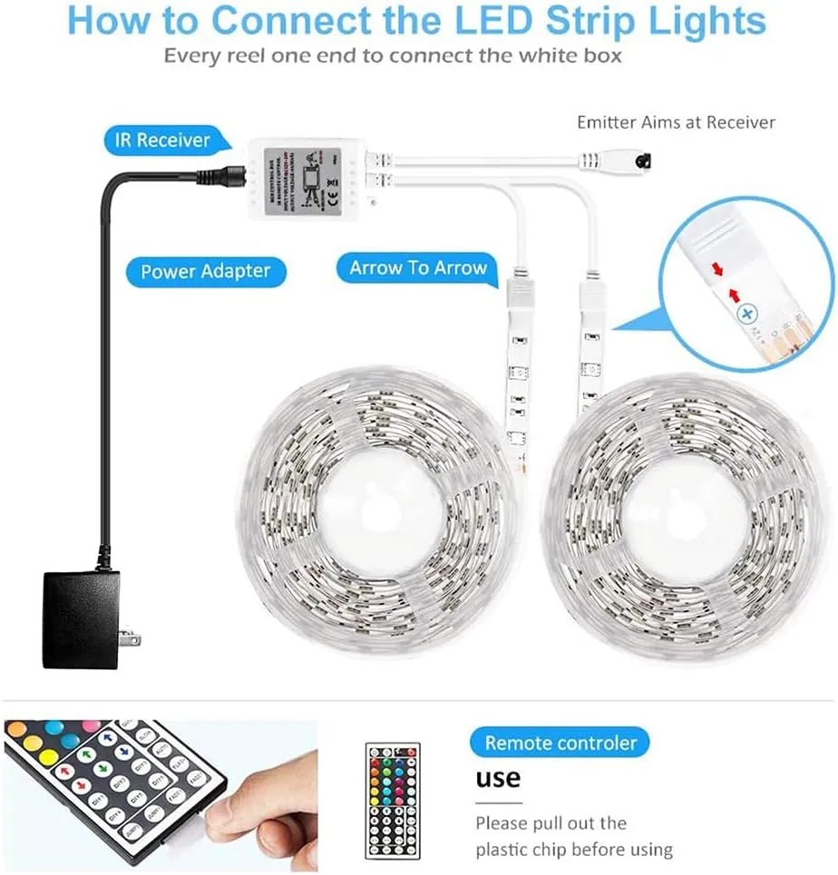 DAYBETTER Led Strip Lights Waterproof, 32.8ft(2 Rolls of 16.4ft) Led Tape Lights Color Changing 300 LEDs Light Strips Kit with 44 Keys Ir Remote Controller and 12v Power Supply for Indoor Outdoor Use