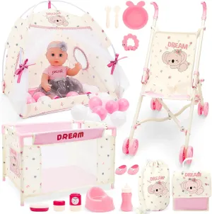 deAO Baby Doll Stroller Crib Bed Tent Set Nursery Playset Baby Doll Accessories Camping Tent Set with 14" Baby Dolls, Storage Travel Bag and Balls, Birthday Gift for Girls Toddlers Pretend Play