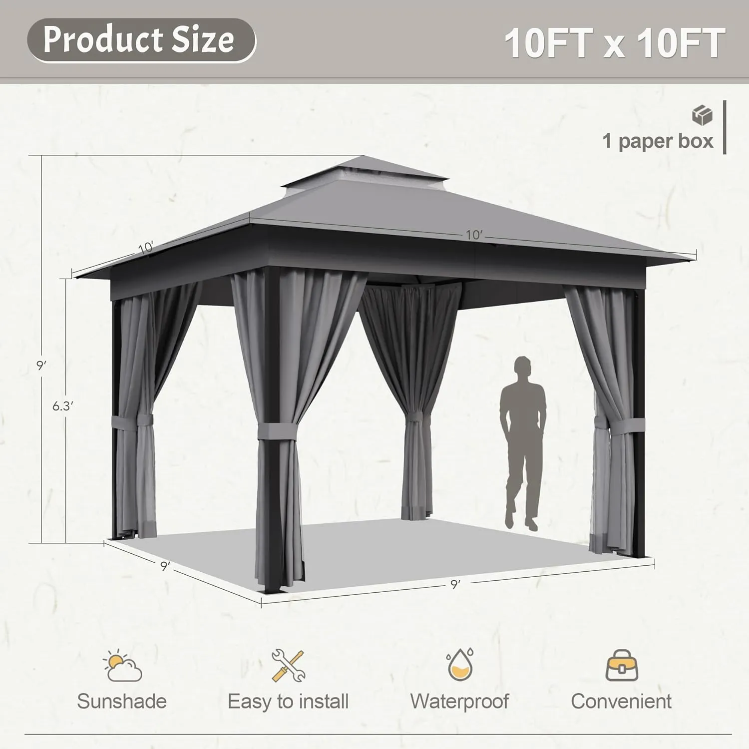Devoko Outdoor Gazebo for Patio 10'x 10' Heavy Duty Metal Frame Canopy with Expansion Bolts & Double Roofs, Party Tent & Shelter with Mosquito Nettings and Privacy Screen for Backyard, Garden (Grey)