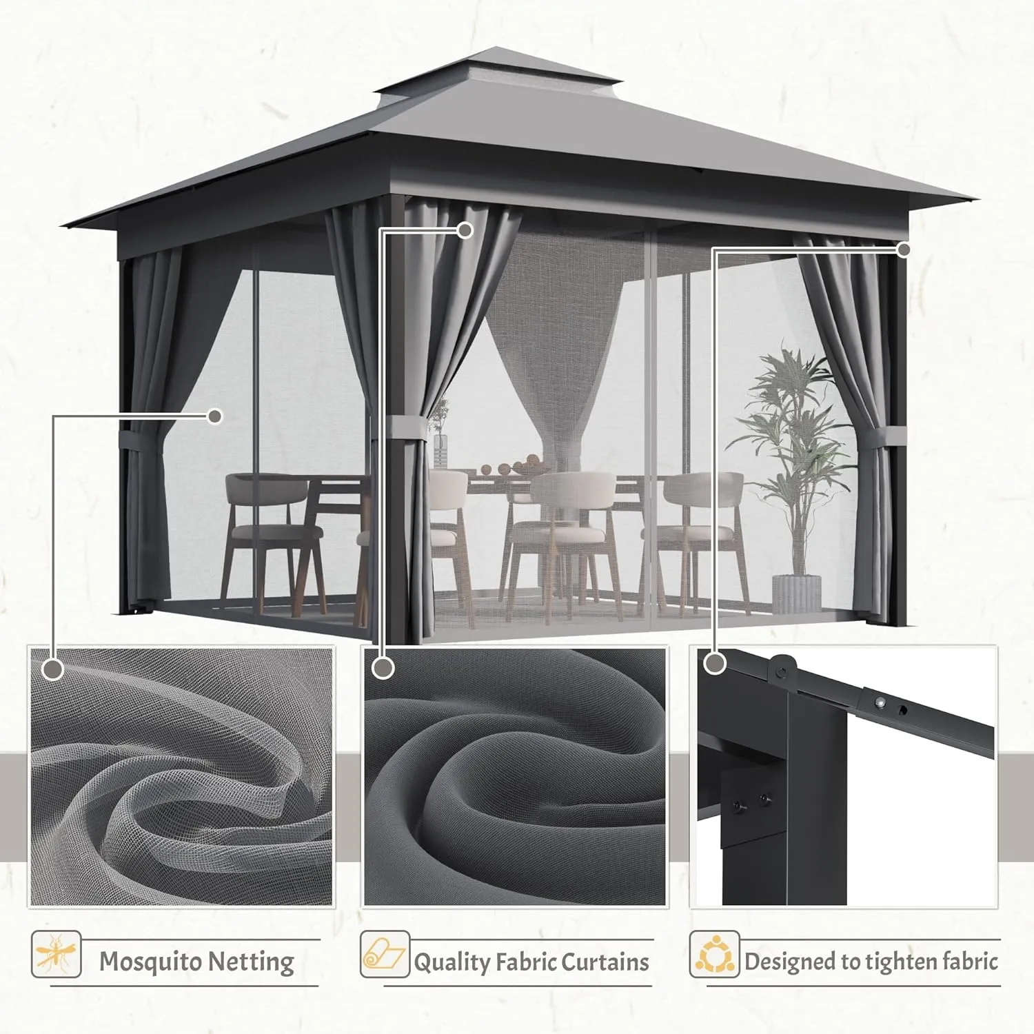 Devoko Outdoor Gazebo for Patio 10'x 10' Heavy Duty Metal Frame Canopy with Expansion Bolts & Double Roofs, Party Tent & Shelter with Mosquito Nettings and Privacy Screen for Backyard, Garden (Grey)
