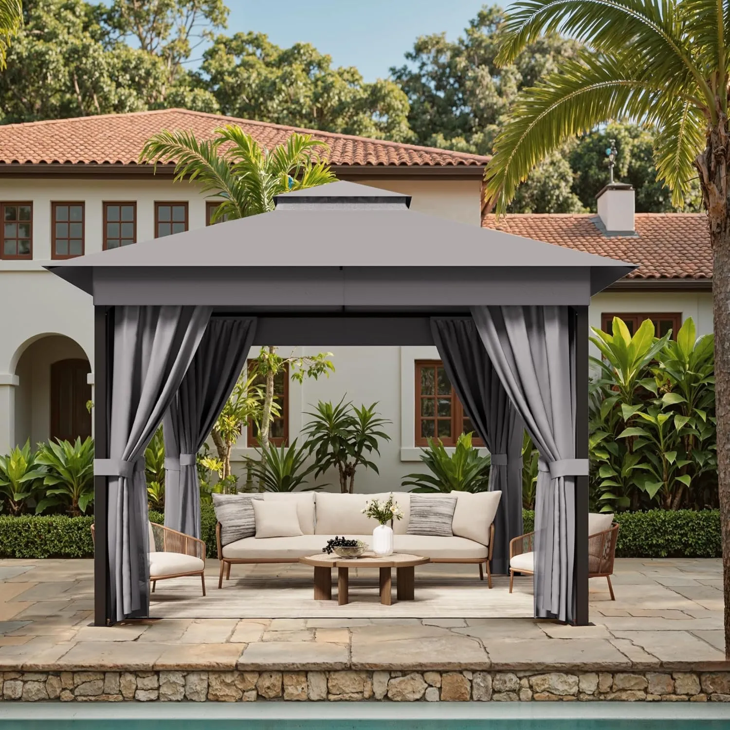 Devoko Outdoor Gazebo for Patio 10'x 10' Heavy Duty Metal Frame Canopy with Expansion Bolts & Double Roofs, Party Tent & Shelter with Mosquito Nettings and Privacy Screen for Backyard, Garden (Grey)