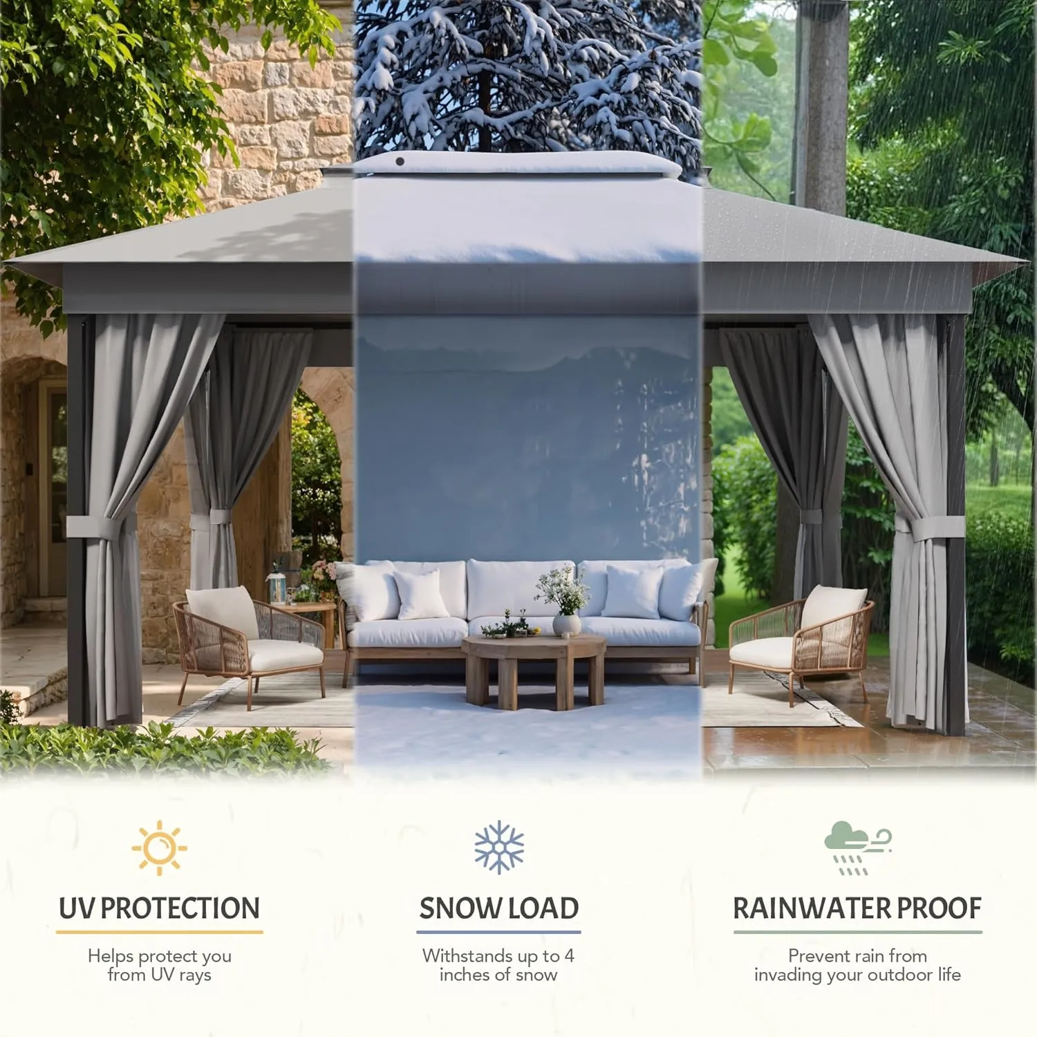 Devoko Outdoor Gazebo for Patio 10'x 10' Heavy Duty Metal Frame Canopy with Expansion Bolts & Double Roofs, Party Tent & Shelter with Mosquito Nettings and Privacy Screen for Backyard, Garden (Grey)