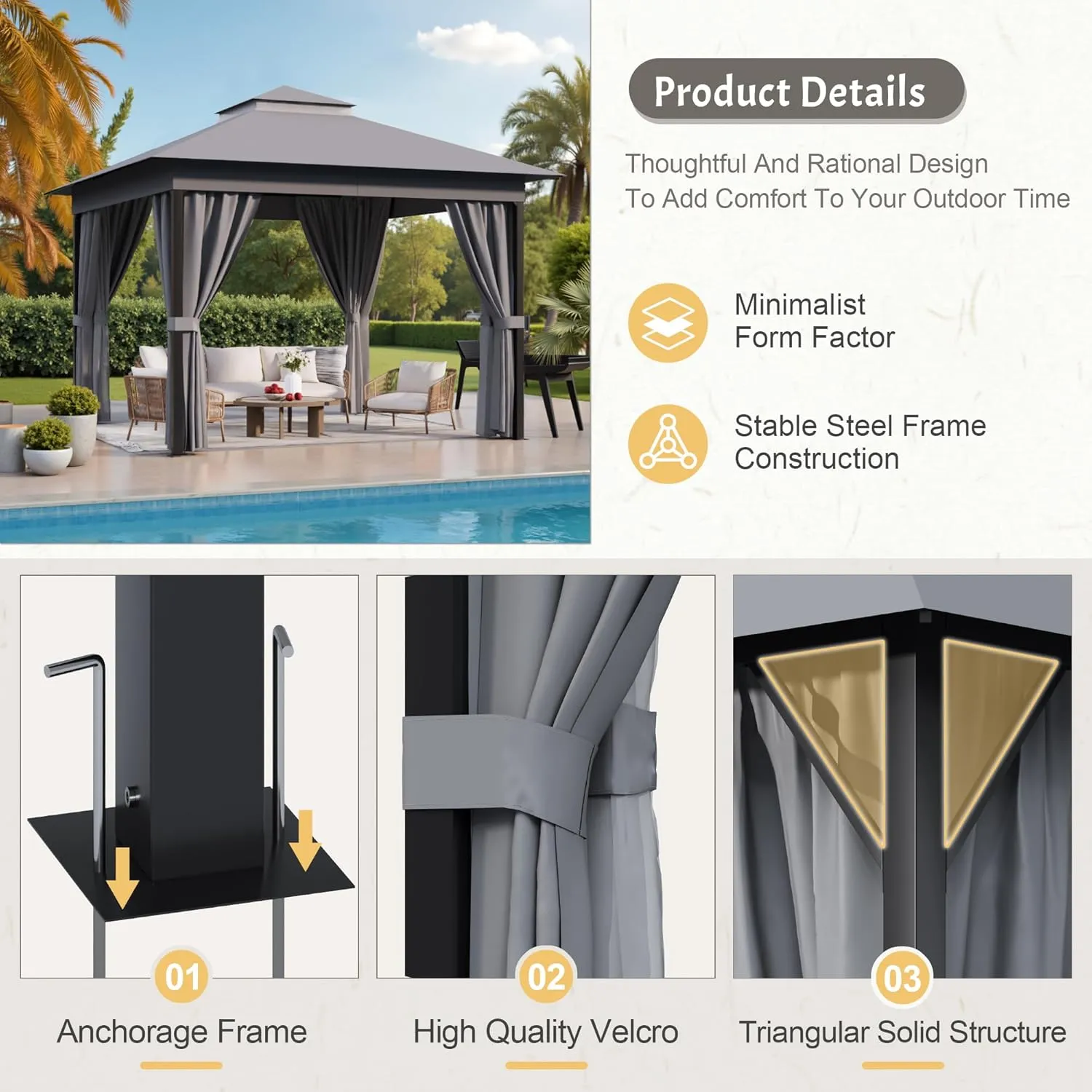 Devoko Outdoor Gazebo for Patio 10'x 10' Heavy Duty Metal Frame Canopy with Expansion Bolts & Double Roofs, Party Tent & Shelter with Mosquito Nettings and Privacy Screen for Backyard, Garden (Grey)