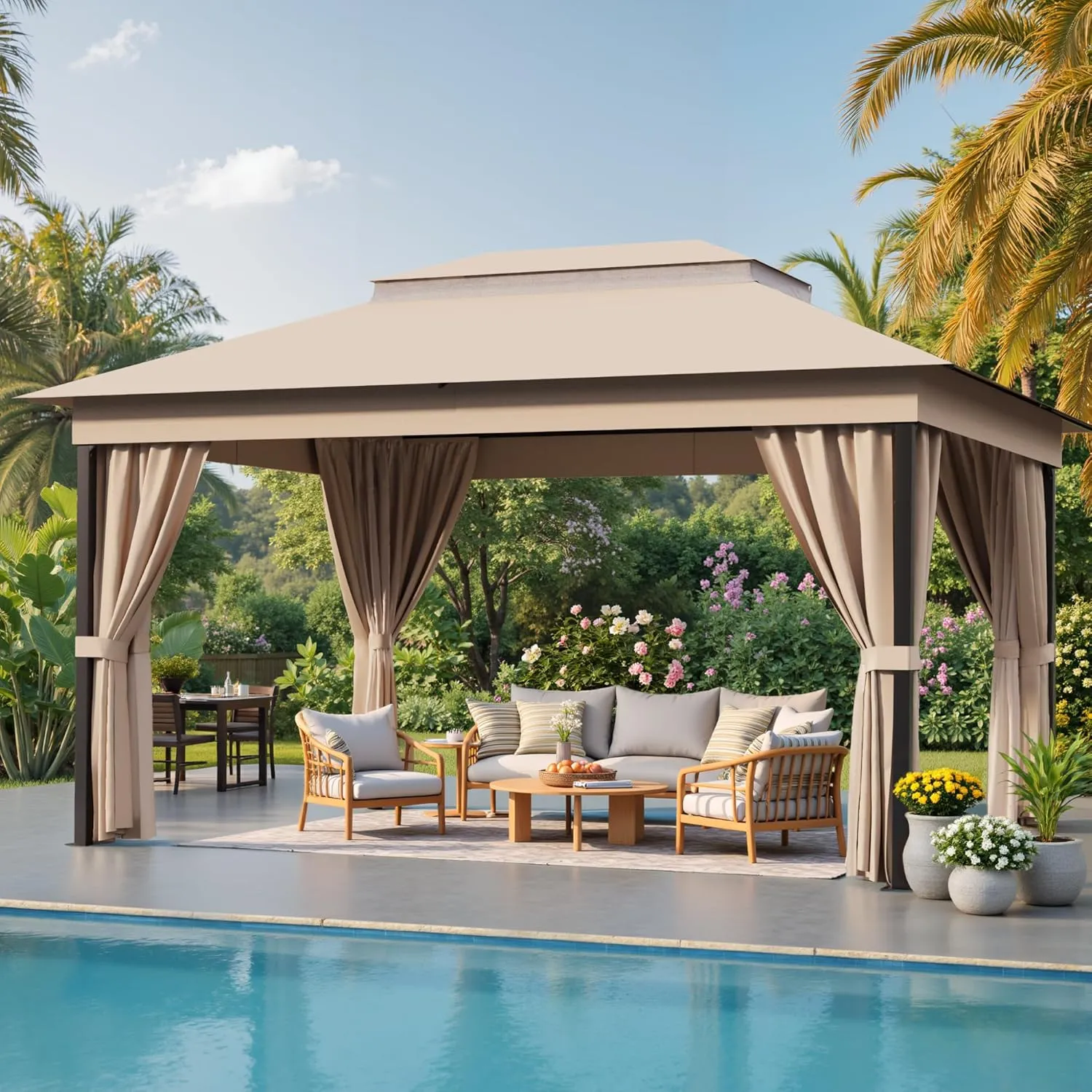 Devoko Outdoor Gazebo for Patio 10'x 13' Heavy Duty Metal Frame Canopy with Expansion Bolts & Double Roofs, Party Tent & Shelter with Mosquito Nettings and Privacy Screen for Backyard, Garden (Khaki)