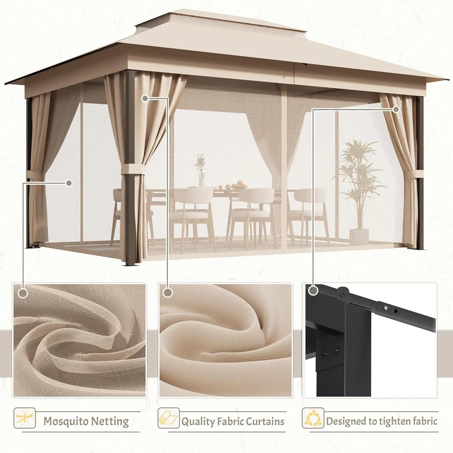 Devoko Outdoor Gazebo for Patio 10'x 13' Heavy Duty Metal Frame Canopy with Expansion Bolts & Double Roofs, Party Tent & Shelter with Mosquito Nettings and Privacy Screen for Backyard, Garden (Khaki)