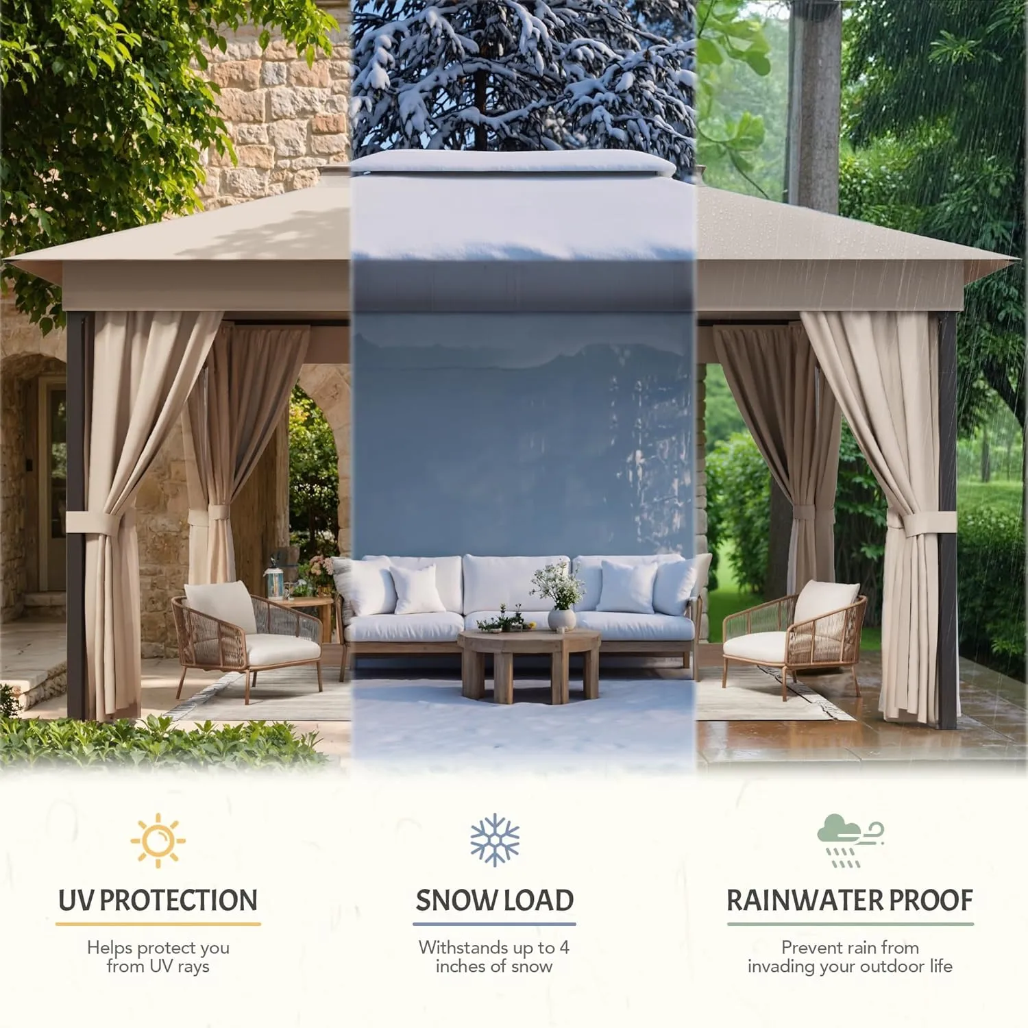 Devoko Outdoor Gazebo for Patio 10'x 13' Heavy Duty Metal Frame Canopy with Expansion Bolts & Double Roofs, Party Tent & Shelter with Mosquito Nettings and Privacy Screen for Backyard, Garden (Khaki)