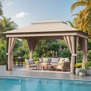 Devoko Outdoor Gazebo for Patio 10'x 13' Heavy Duty Metal Frame Canopy with Expansion Bolts & Double Roofs, Party Tent & Shelter with Mosquito Nettings and Privacy Screen for Backyard, Garden (Khaki)