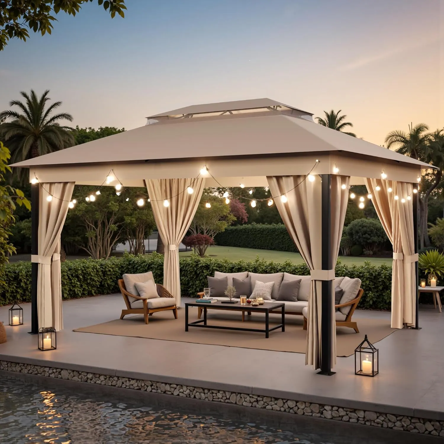 Devoko Outdoor Gazebo for Patio 10'x 13' Heavy Duty Metal Frame Canopy with Expansion Bolts & Double Roofs, Party Tent & Shelter with Mosquito Nettings and Privacy Screen for Backyard, Garden (Khaki)