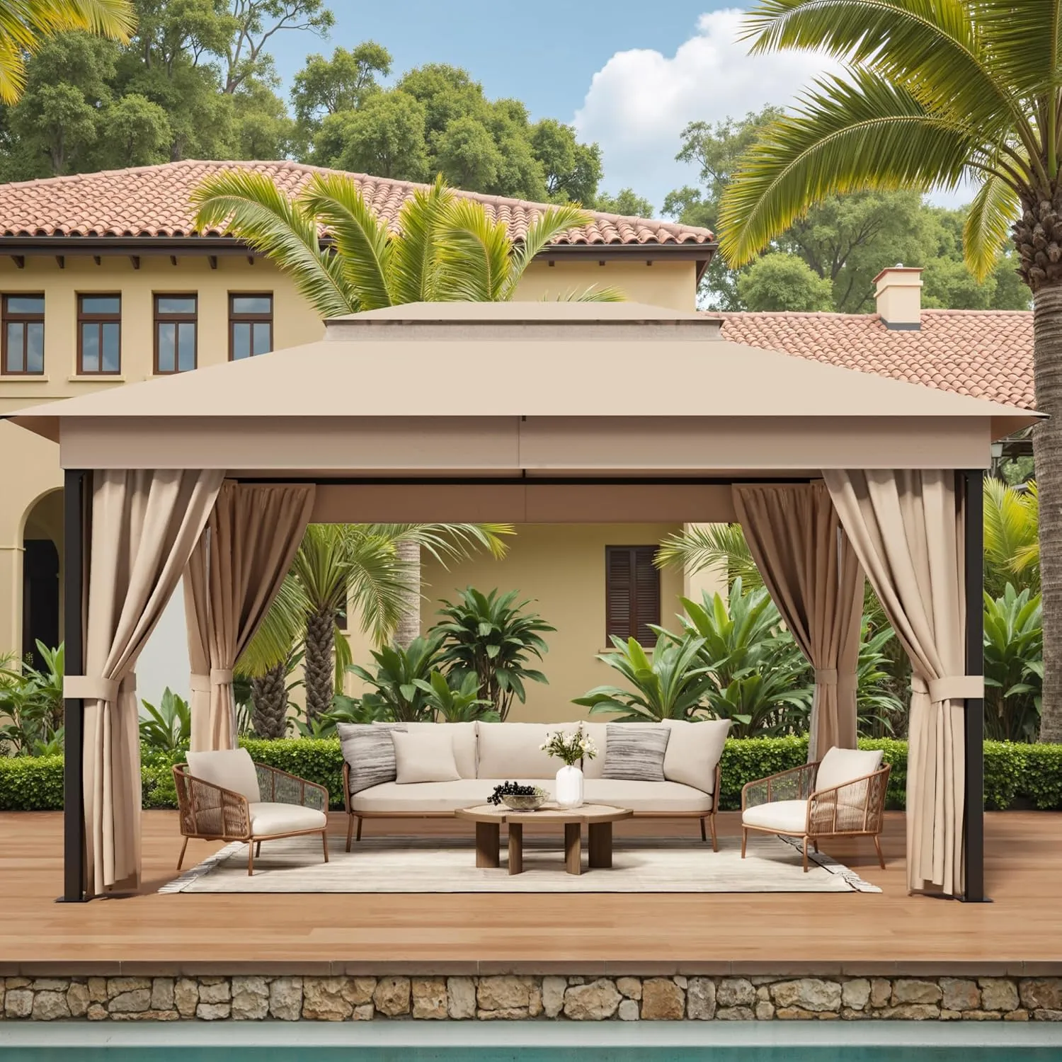 Devoko Outdoor Gazebo for Patio 10'x 13' Heavy Duty Metal Frame Canopy with Expansion Bolts & Double Roofs, Party Tent & Shelter with Mosquito Nettings and Privacy Screen for Backyard, Garden (Khaki)