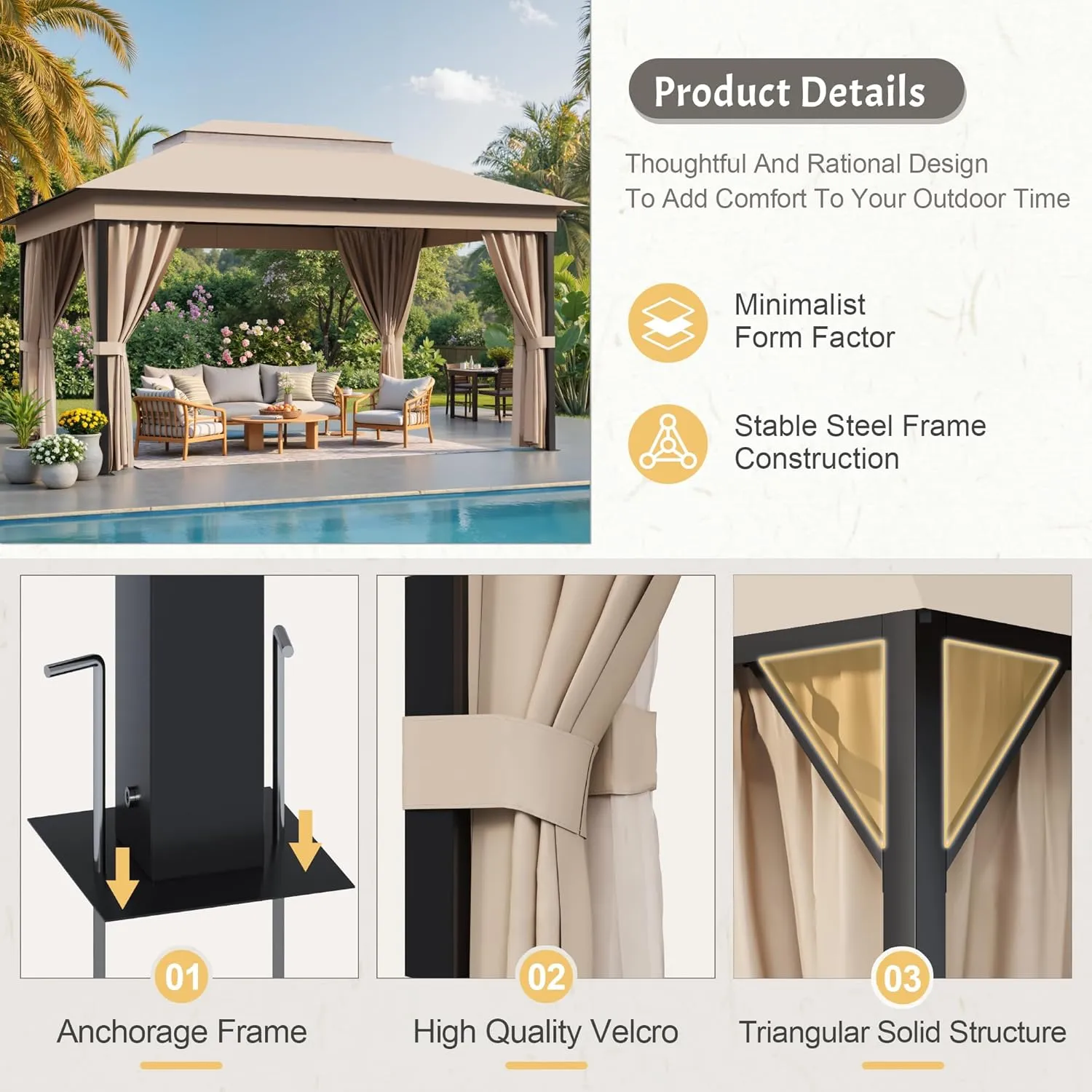 Devoko Outdoor Gazebo for Patio 10'x 13' Heavy Duty Metal Frame Canopy with Expansion Bolts & Double Roofs, Party Tent & Shelter with Mosquito Nettings and Privacy Screen for Backyard, Garden (Khaki)