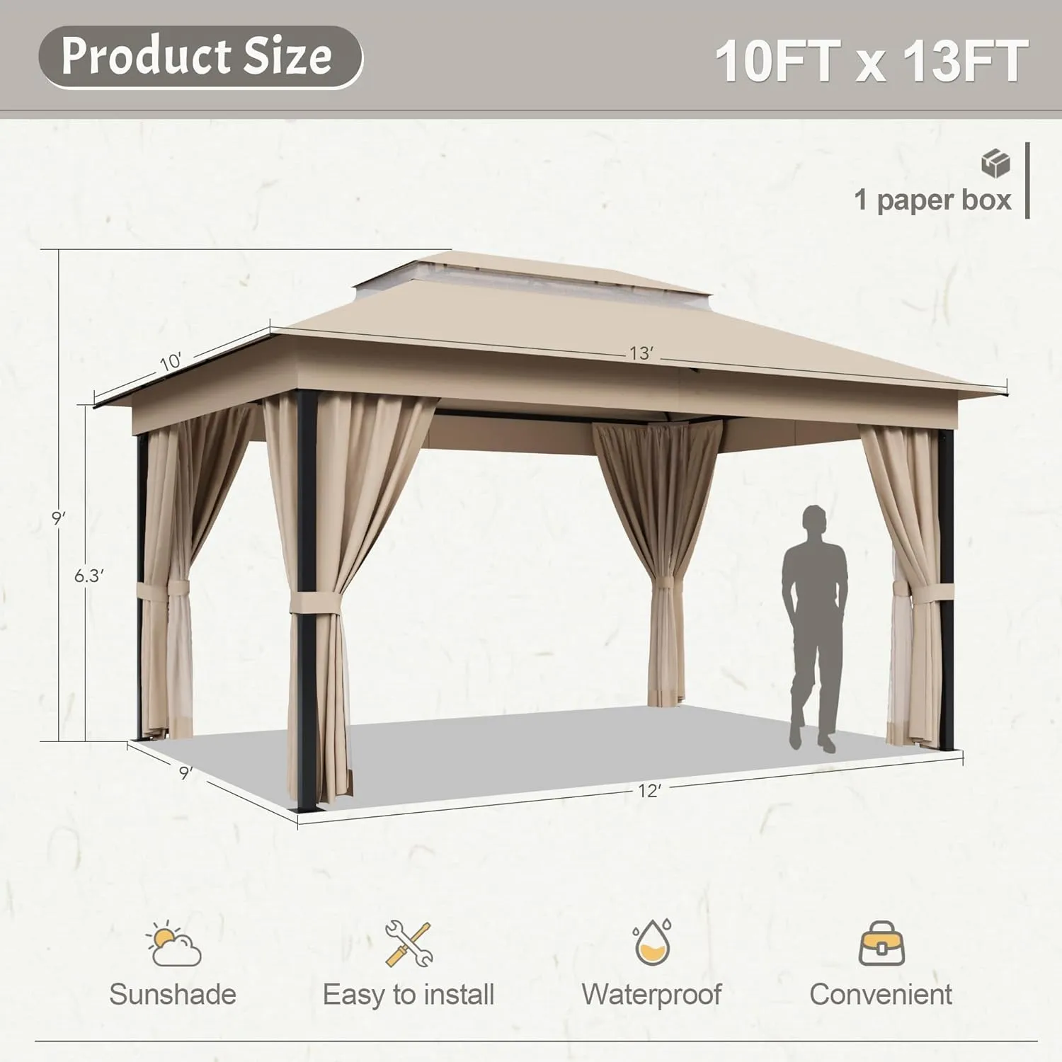 Devoko Outdoor Gazebo for Patio 10'x 13' Heavy Duty Metal Frame Canopy with Expansion Bolts & Double Roofs, Party Tent & Shelter with Mosquito Nettings and Privacy Screen for Backyard, Garden (Khaki)