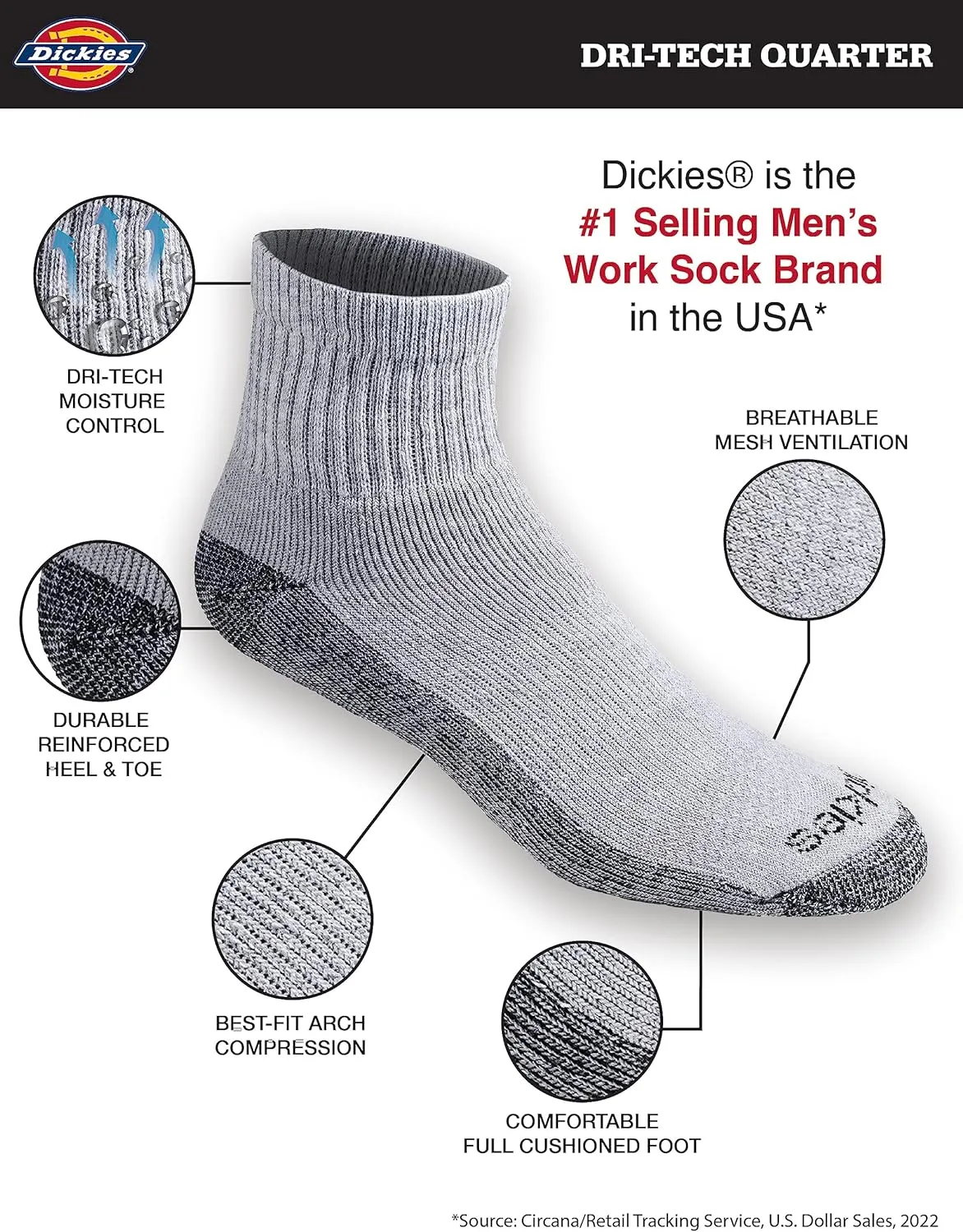 Dickies Men's Dri-tech Moisture Control Quarter Socks, Available in M-XXL (6, 12, 18 Pairs)