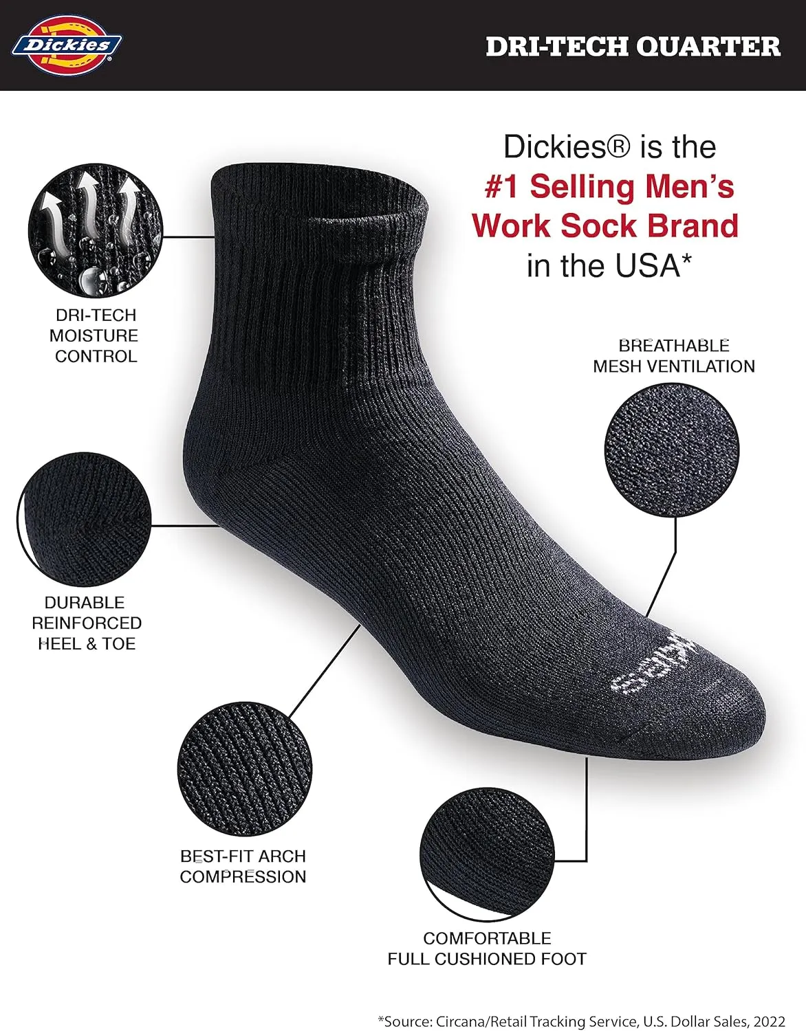 Dickies Men's Dri-tech Moisture Control Quarter Socks, Available in M-XXL (6, 12, 18 Pairs)