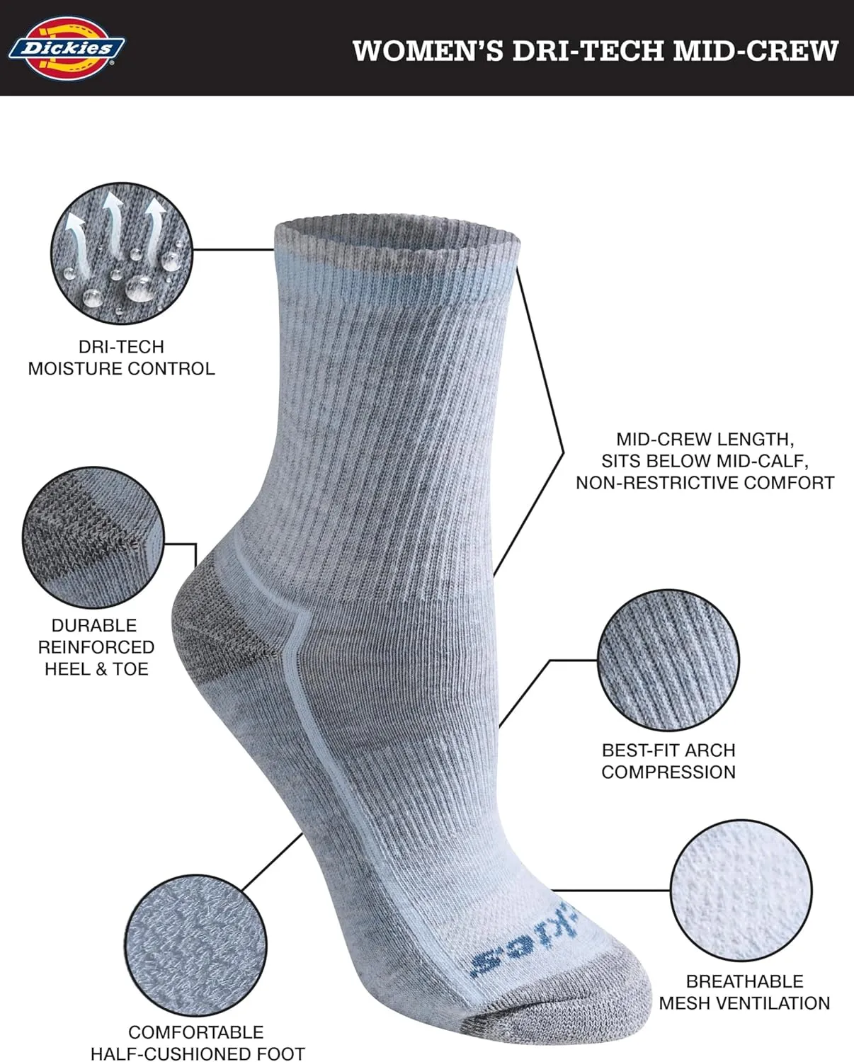 Dickies Women's Dri-tech Advanced Moisture Wicking Mid-Crew Socks, Available in M-l (6,12 Pairs)