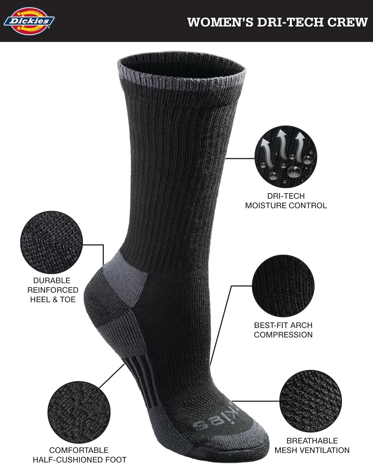 Dickies Women's Dri-tech Essential Moisture Control Crew Socks, Available in S-XL (6, 12 Pairs)