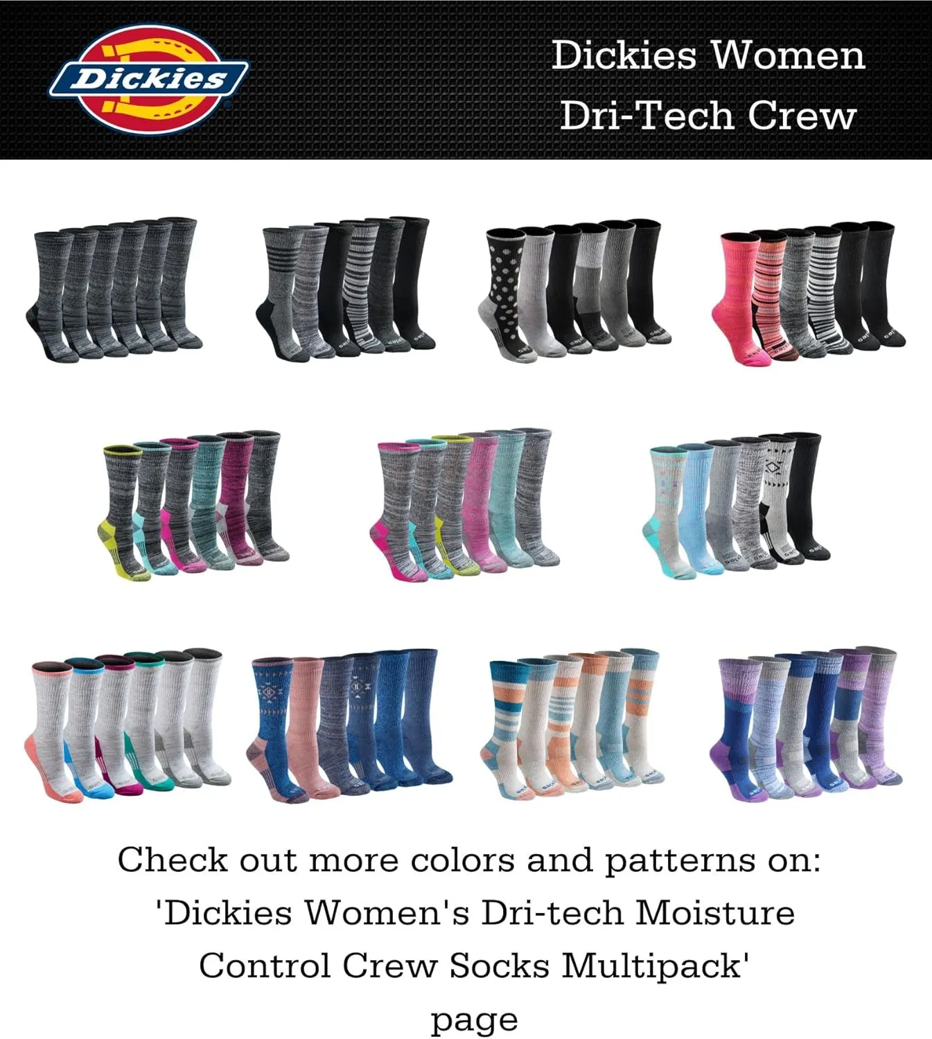 Dickies Women's Dri-tech Essential Moisture Control Crew Socks, Available in S-XL (6, 12 Pairs)