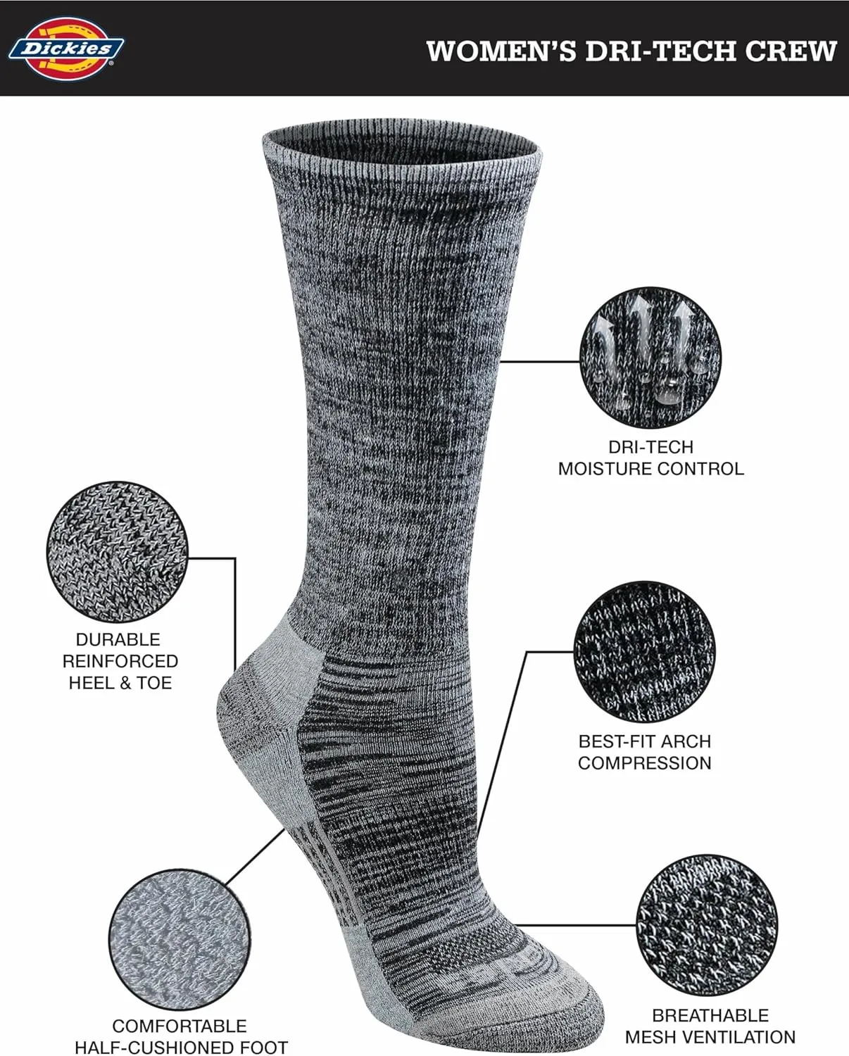 Dickies Women's Dri-tech Fashion Moisture Control Crew Socks, Available in S-XL (5, 6, 12 Pairs)