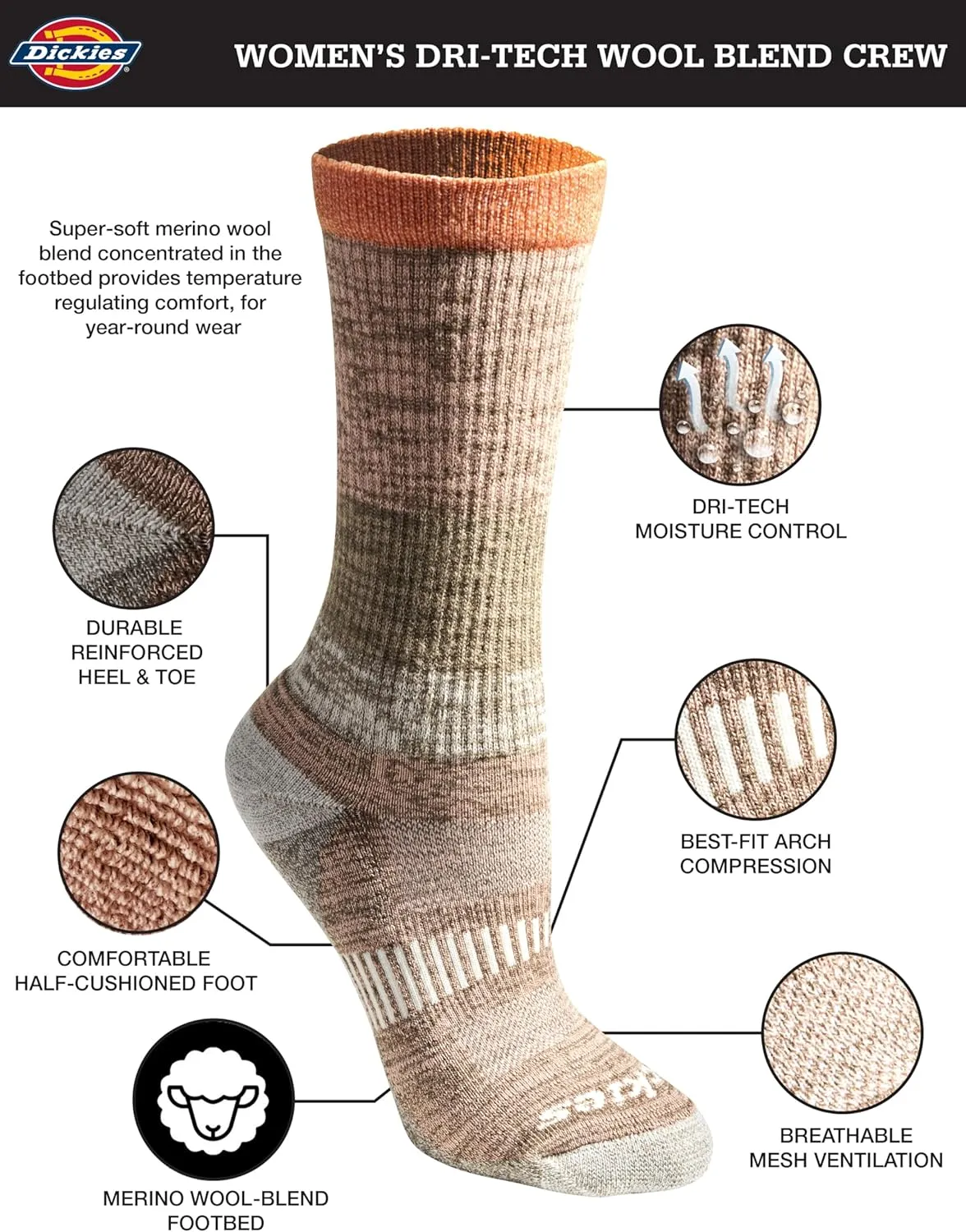 Dickies Women's Dri-tech Fashion Moisture Control Crew Socks, Available in S-XL (5, 6, 12 Pairs)