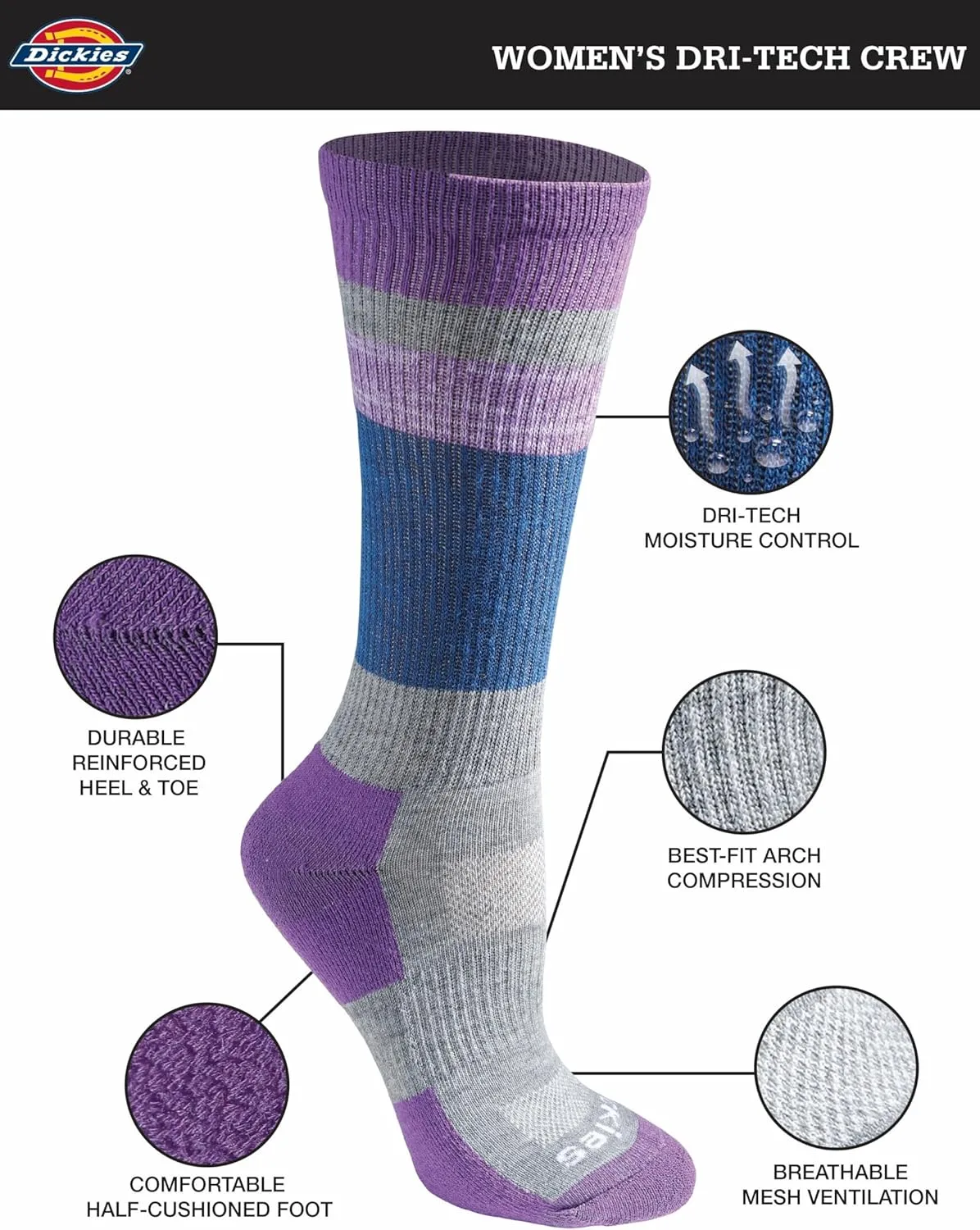 Dickies Women's Dri-tech Fashion Moisture Control Crew Socks, Available in S-XL (5, 6, 12 Pairs)