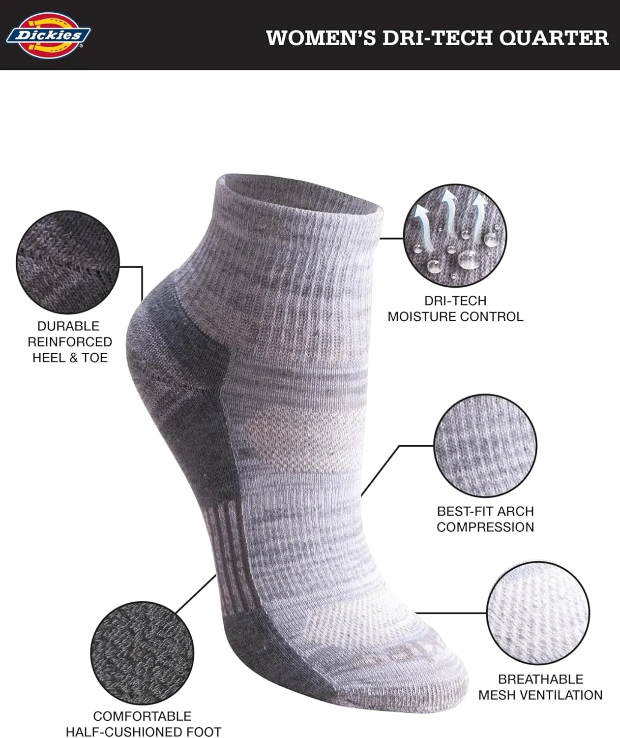 Dickies Women's Dri-Tech Moisture Wicking Quarter Socks, Multipack