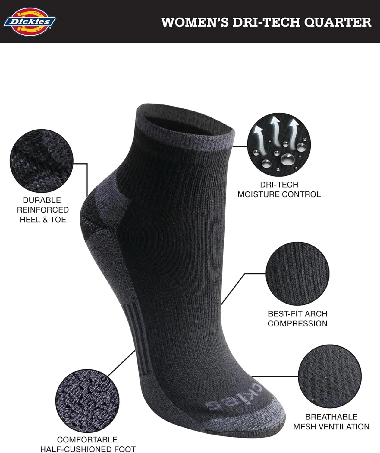 Dickies Women's Dri-Tech Moisture Wicking Quarter Socks, Multipack