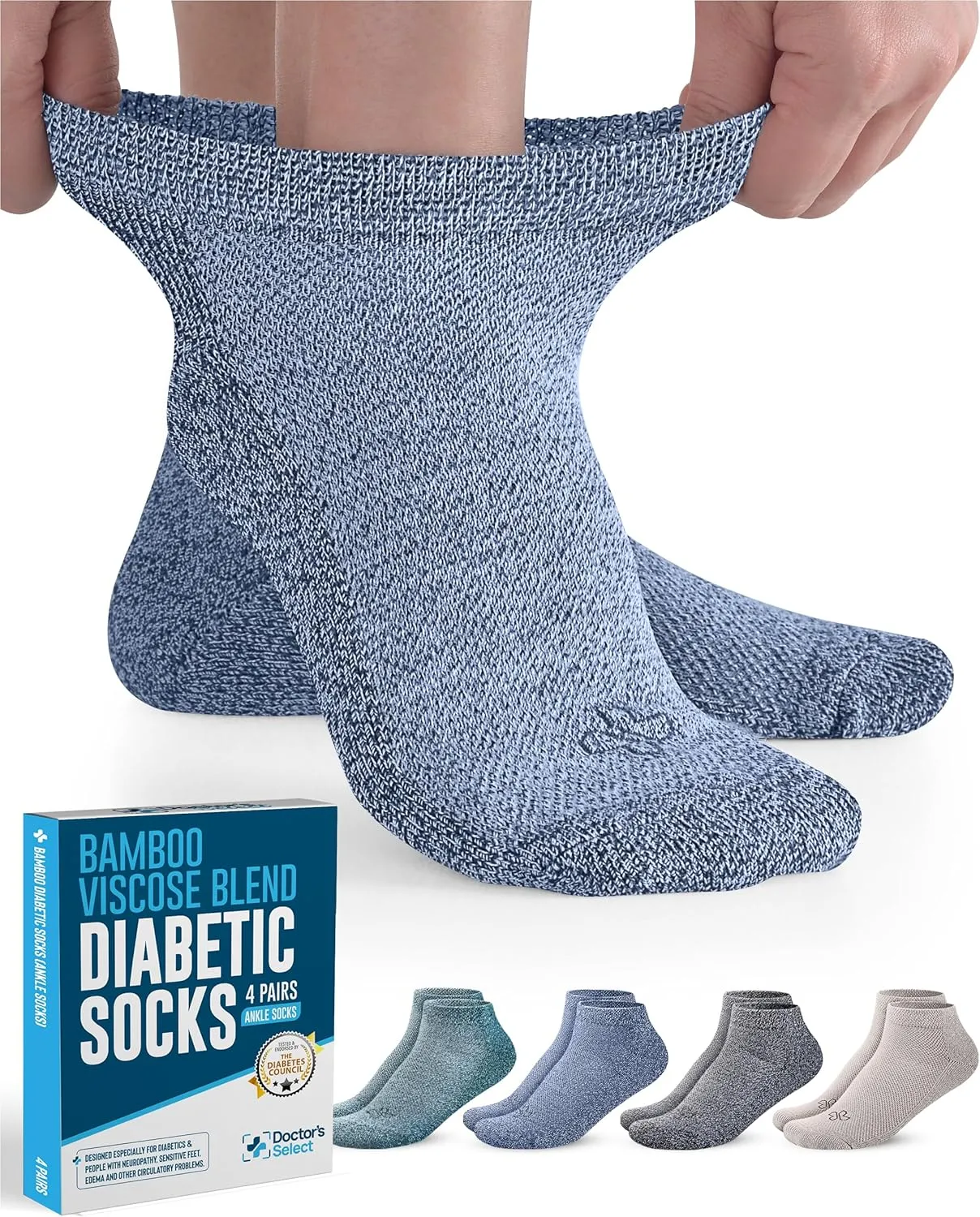 Doctor's Select Bamboo Viscose Ankle Diabetic Socks for Women & Men - 4 Pairs | Low Cut Moisture-Wicking Loose Fit Socks