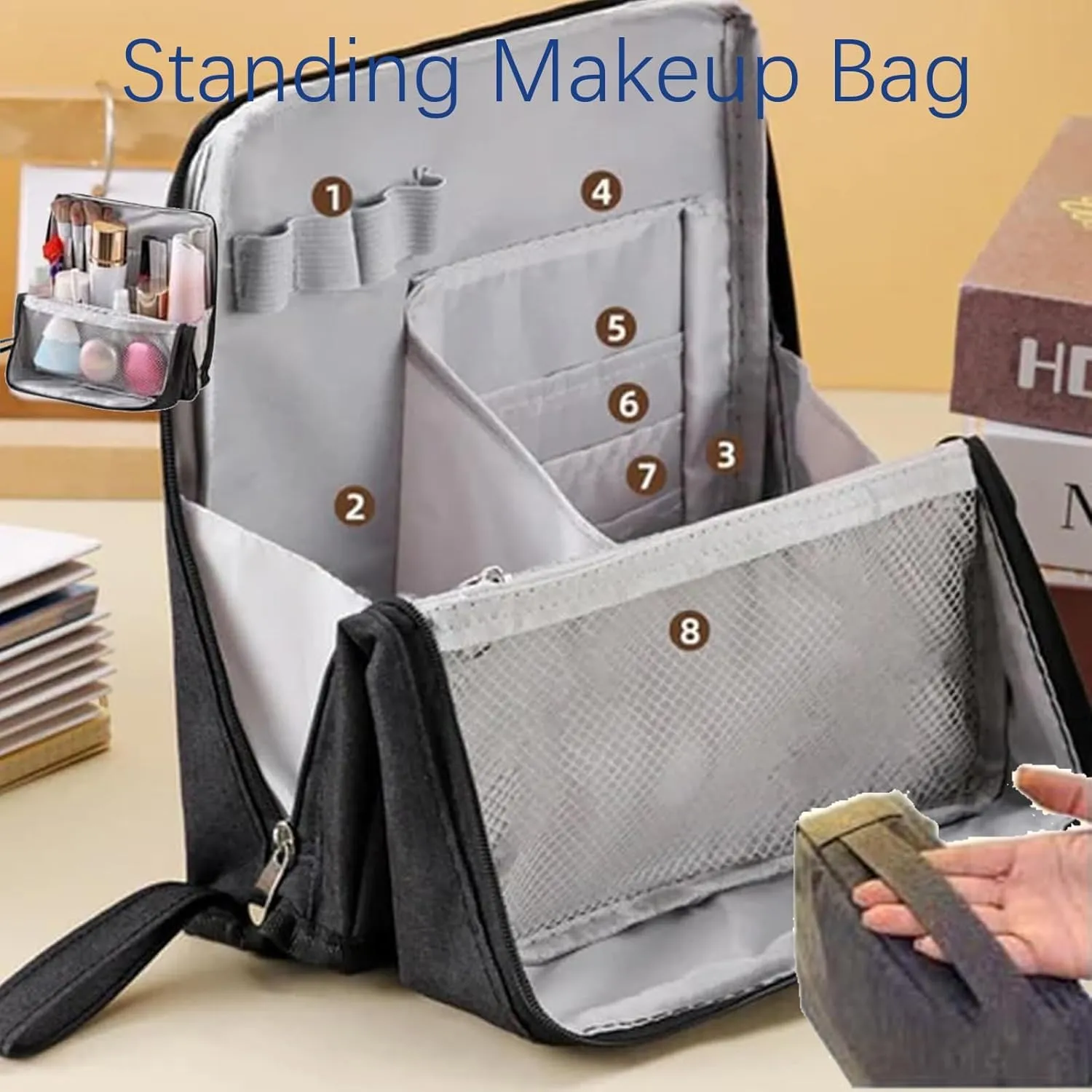 Doresty Makeup Bag, Reusable Portable Doresty Standing Makeup Bag Large Capacity, Folding Vertical Makeing Organizer Bags with Compartments for Travel Work Home (Purple)