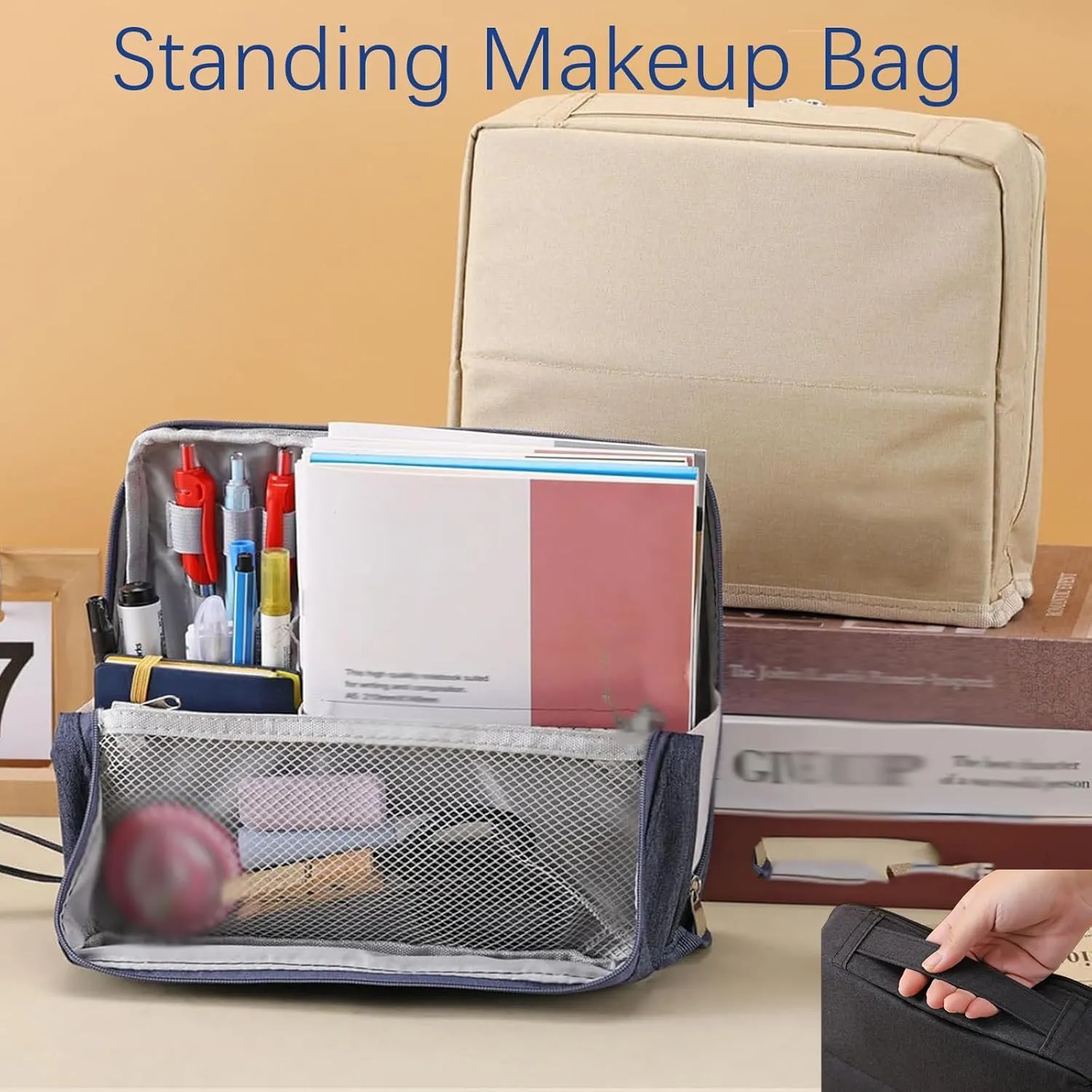 Doresty Makeup Bag, Reusable Portable Doresty Standing Makeup Bag Large Capacity, Folding Vertical Makeing Organizer Bags with Compartments for Travel Work Home (Purple)