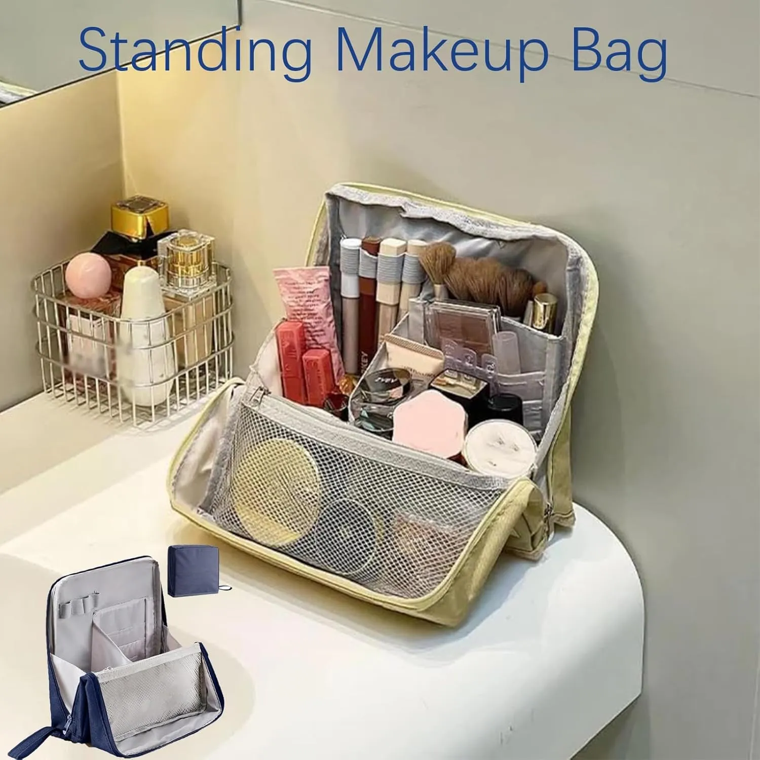 Doresty Makeup Bag, Reusable Portable Doresty Standing Makeup Bag Large Capacity, Folding Vertical Makeing Organizer Bags with Compartments for Travel Work Home (Purple)
