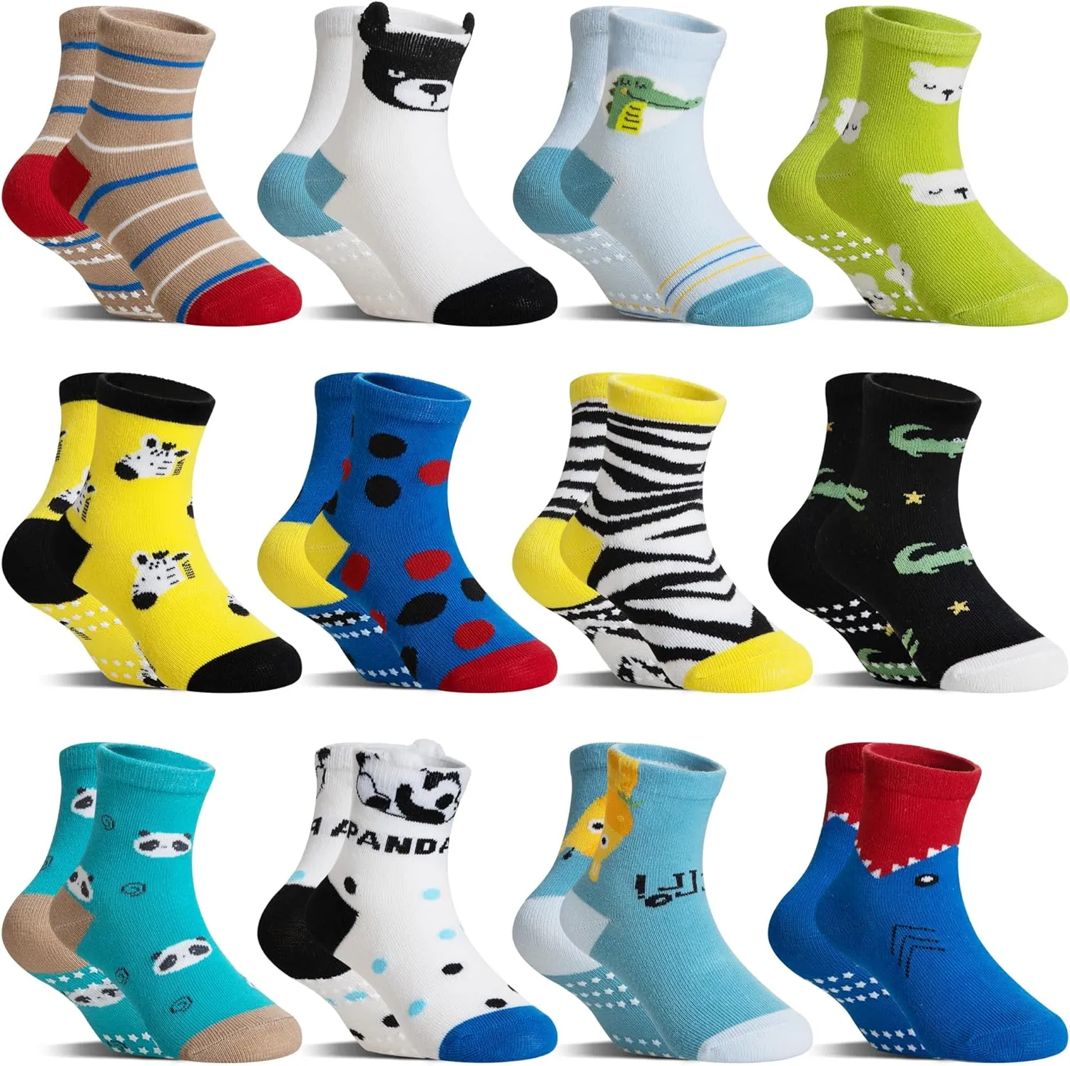 DoSmart 12 Pairs Baby Boys Toddlers Grips Socks Kids Infants Anti Slip Non Skid Funny Cartoon Breathable Cotton Crew Socks