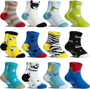 DoSmart 12 Pairs Baby Boys Toddlers Grips Socks Kids Infants Anti Slip Non Skid Funny Cartoon Breathable Cotton Crew Socks