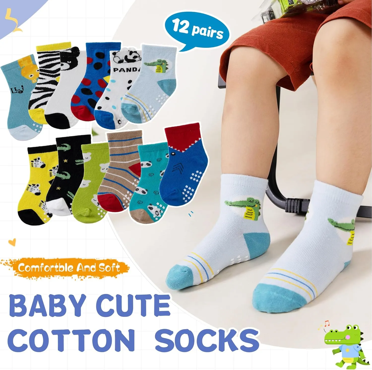 DoSmart 12 Pairs Baby Boys Toddlers Grips Socks Kids Infants Anti Slip Non Skid Funny Cartoon Breathable Cotton Crew Socks
