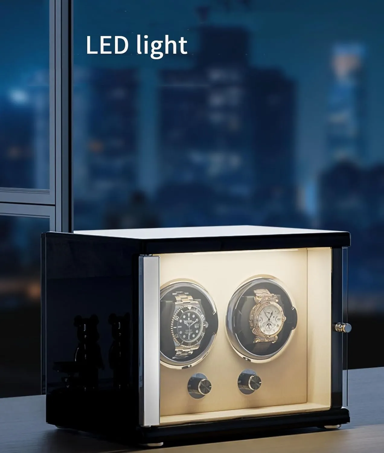 Double Watch Winder for Automatic Watches with Quiet Motors Solid Wooden Box Storage Display Box for Women's and Men's Watches Built-in LED (Beige 2 0)