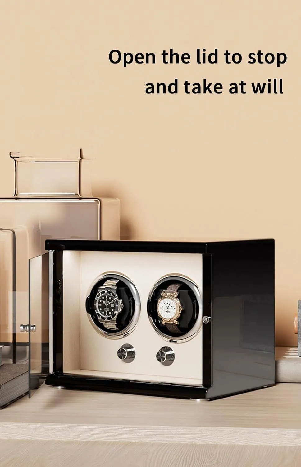 Double Watch Winder for Automatic Watches with Quiet Motors Solid Wooden Box Storage Display Box for Women's and Men's Watches Built-in LED (Beige 2 0)