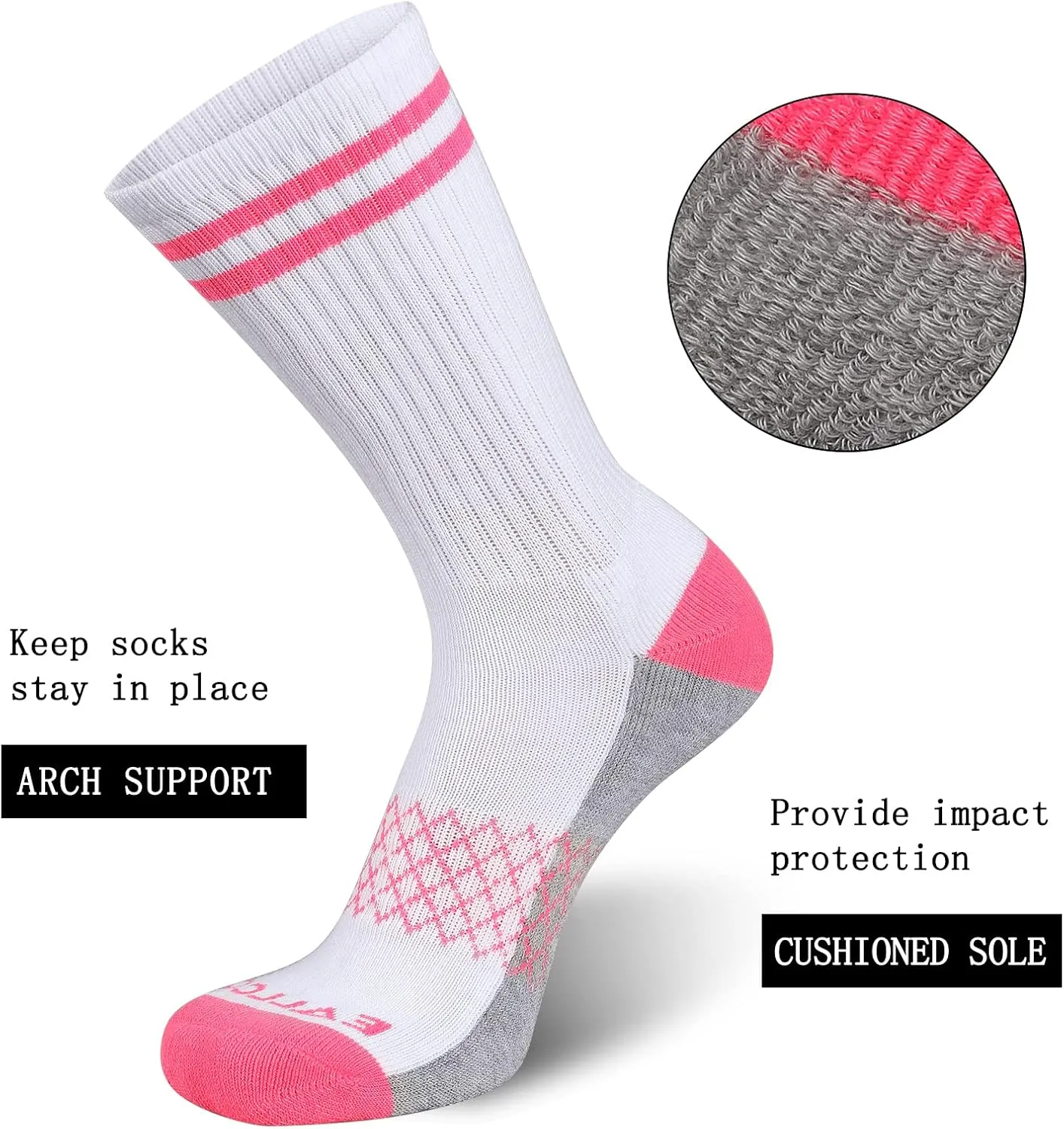 eallco Womens Crew Socks Athletic Calf Work Socks Running Long Cushioned Sole Socks 6 Pairs