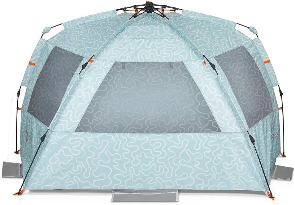 Easthills Outdoors Instant Shader Enhanced (Prints) Deluxe XL Beach Tent 4-6 Person Pop Up Sun Shelter 99" Wide for Family UPF 50  Double Silver Coated with Extended Zippered Porch Coral