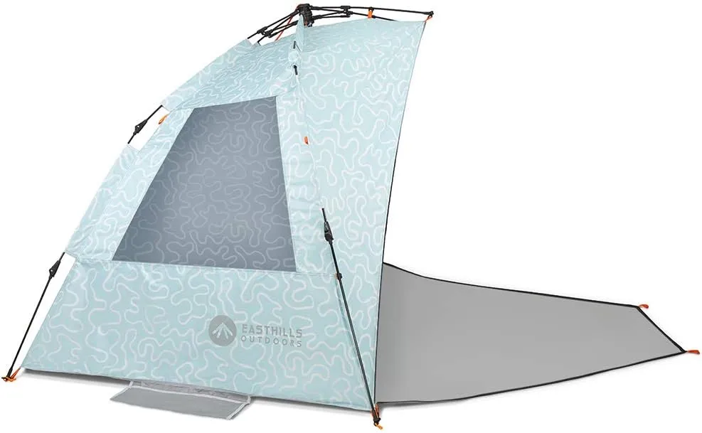 Easthills Outdoors Instant Shader Enhanced (Prints) Deluxe XL Beach Tent 4-6 Person Pop Up Sun Shelter 99" Wide for Family UPF 50  Double Silver Coated with Extended Zippered Porch Coral