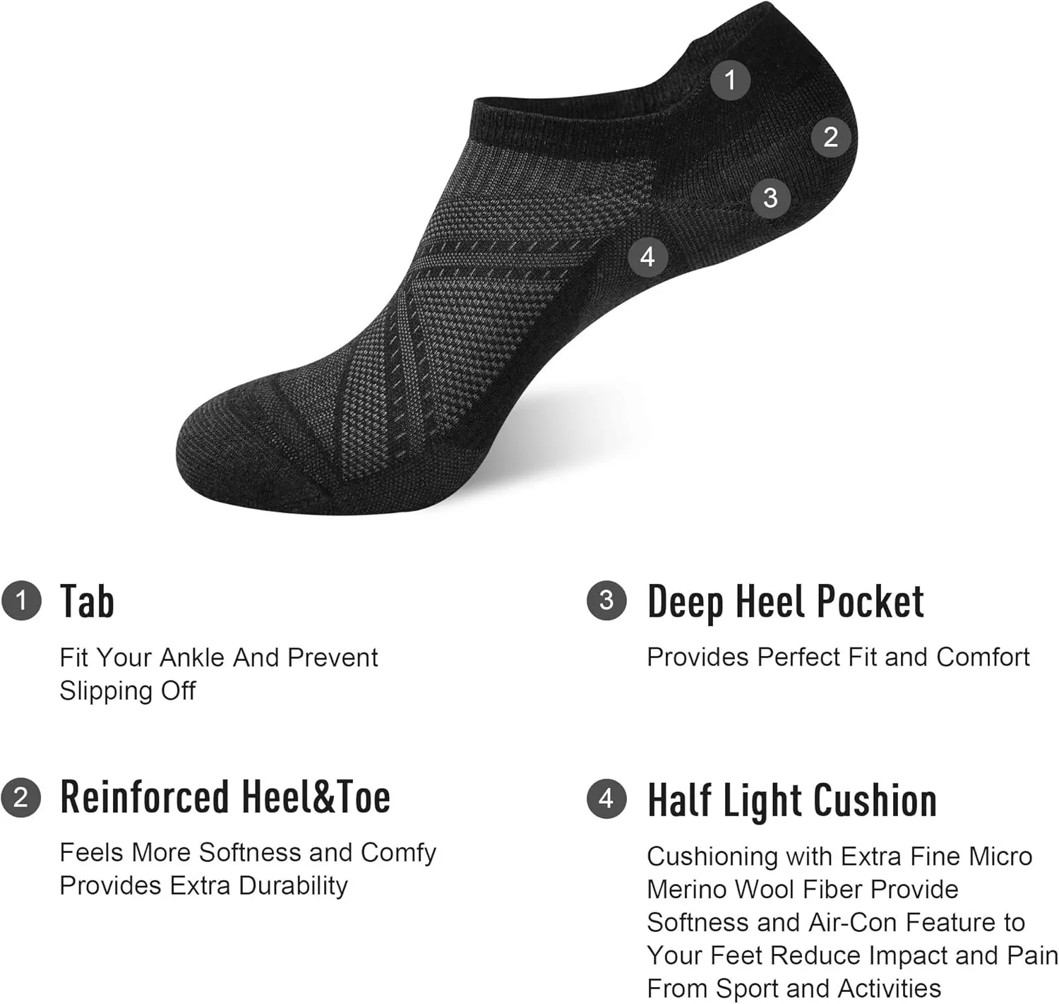 ECOEY Light Weight Merino Wool Athletic Running Socks for Men and Women 4 Pairs