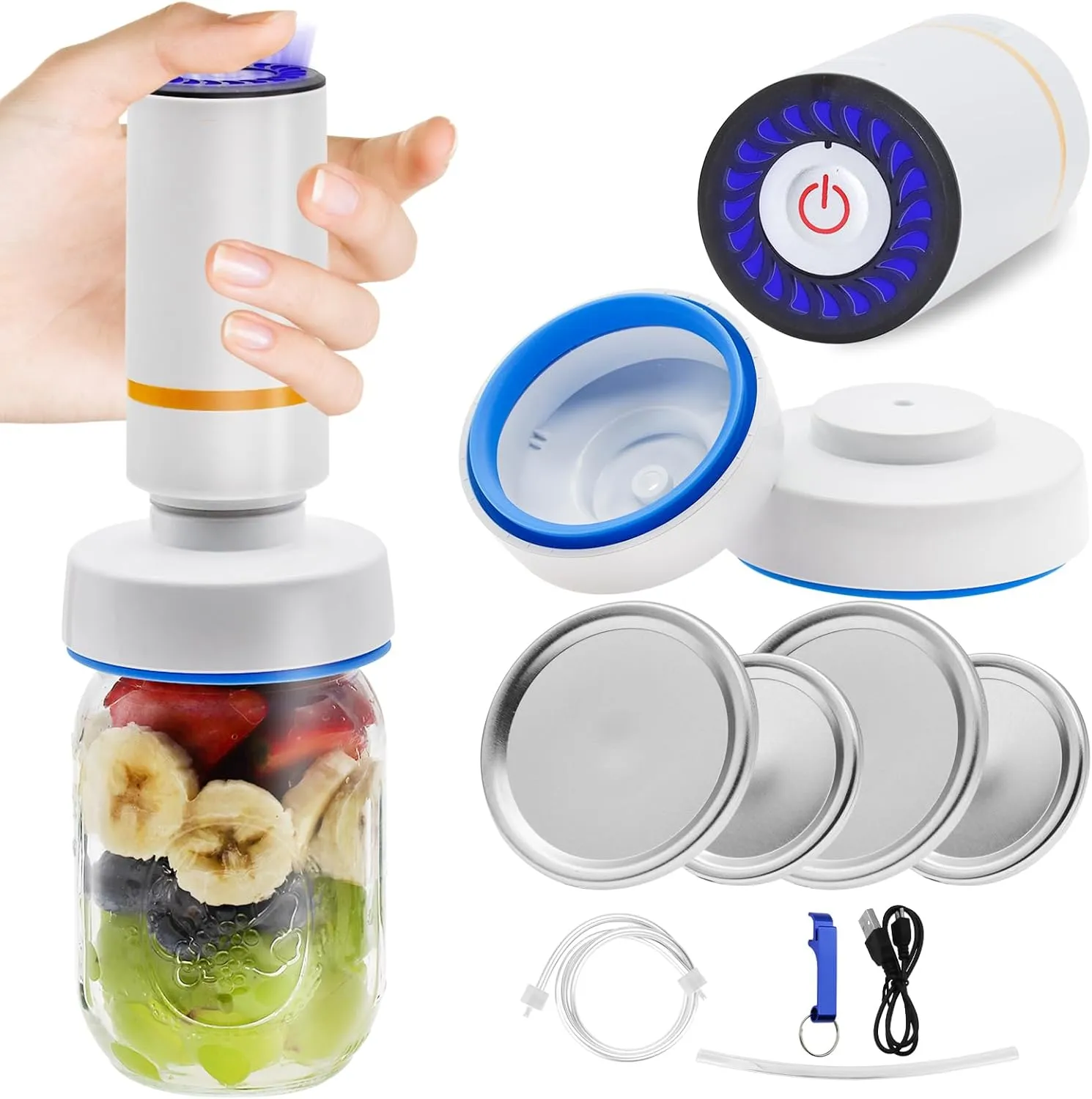 Electric Mason Jar Vacuum Sealer Kit for Wide & Regular Mouth Jars - Vacuum Sealer for Jars with Lid Opener - Accessory Hose Compatible with FoodSaver Vacuum Sealer