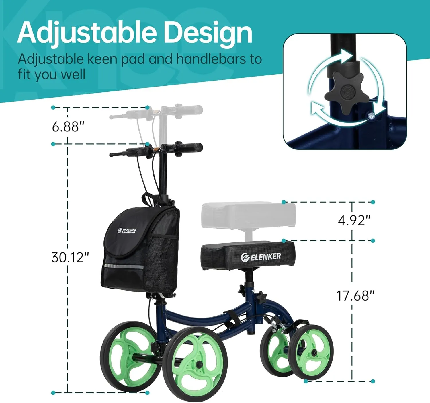 ELENKER Deluxe Steerable Knee Walker with 10" Front Wheels – Medical Scooter for Foot Injuries, Broken Ankle, Compact Crutch Alternative, Indigo